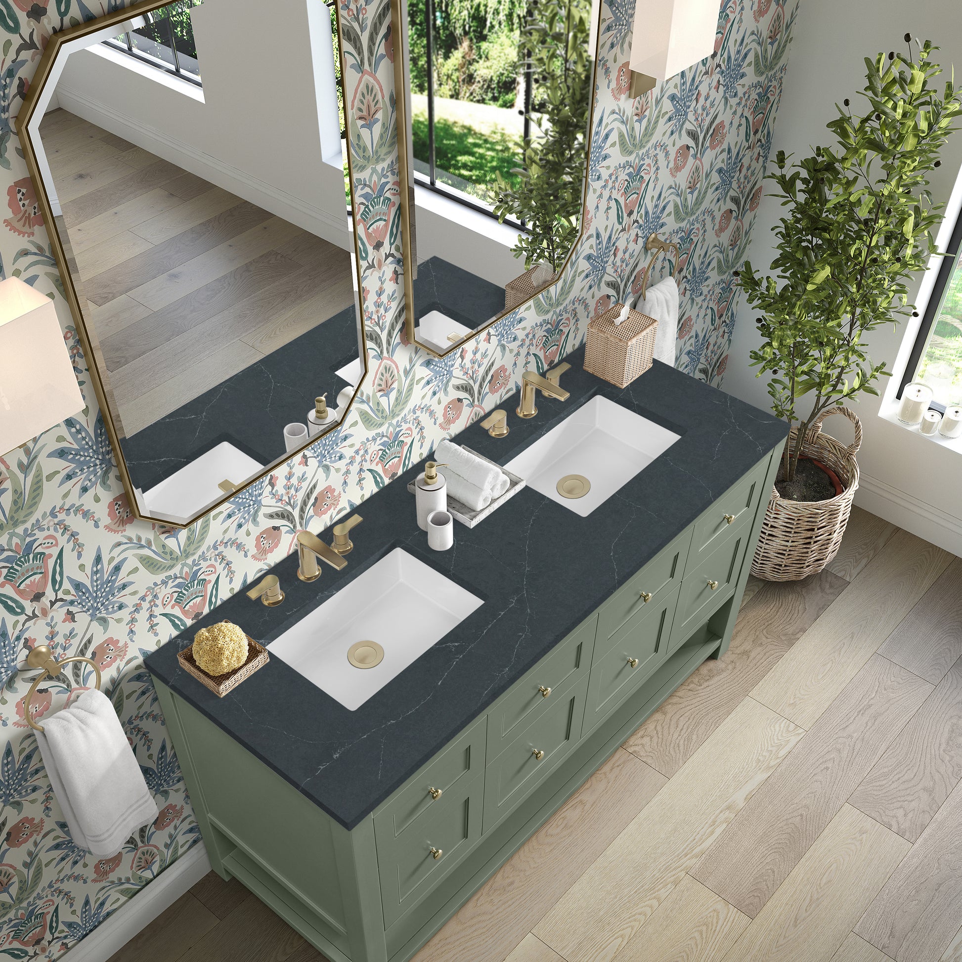 Renovate for Less Atlanta Breckenridge 60" Double Vanity, Smokey Celadon, w/ 3 CM Charcoal Soapstone Quartz Top