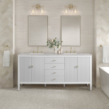 Renovate for Less Atlanta Myrrin 72" Double Vanity, Bright White w/ 3 CM Eternal Jasmine Pearl Silestone Top w/FreePower Wireless Charger
