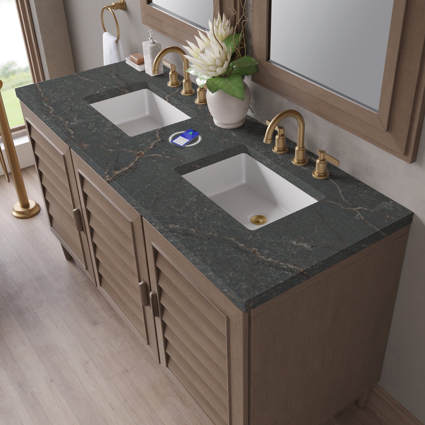 Renovate for Less Atlanta Portland 60" Double Vanity Whitewashed Walnut w/ 3 CM Parisien Bleu Silestone Top w/FreePower Wireless Charger