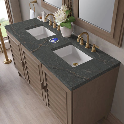 Portland 60" Double Vanity Whitewashed Walnut w/ 3 CM Parisien Bleu Silestone Top w/FreePower Wireless Charger