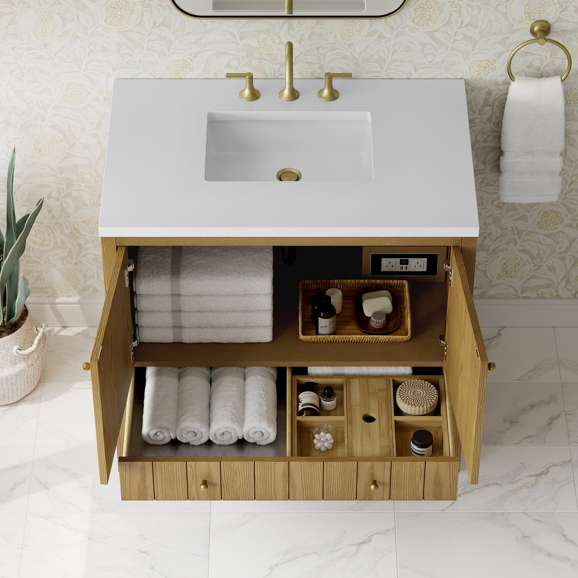 Renovate for Less Atlanta Hudson 36" Single Vanity, Light Natural Oak w/ 3 CM White Zeus Top