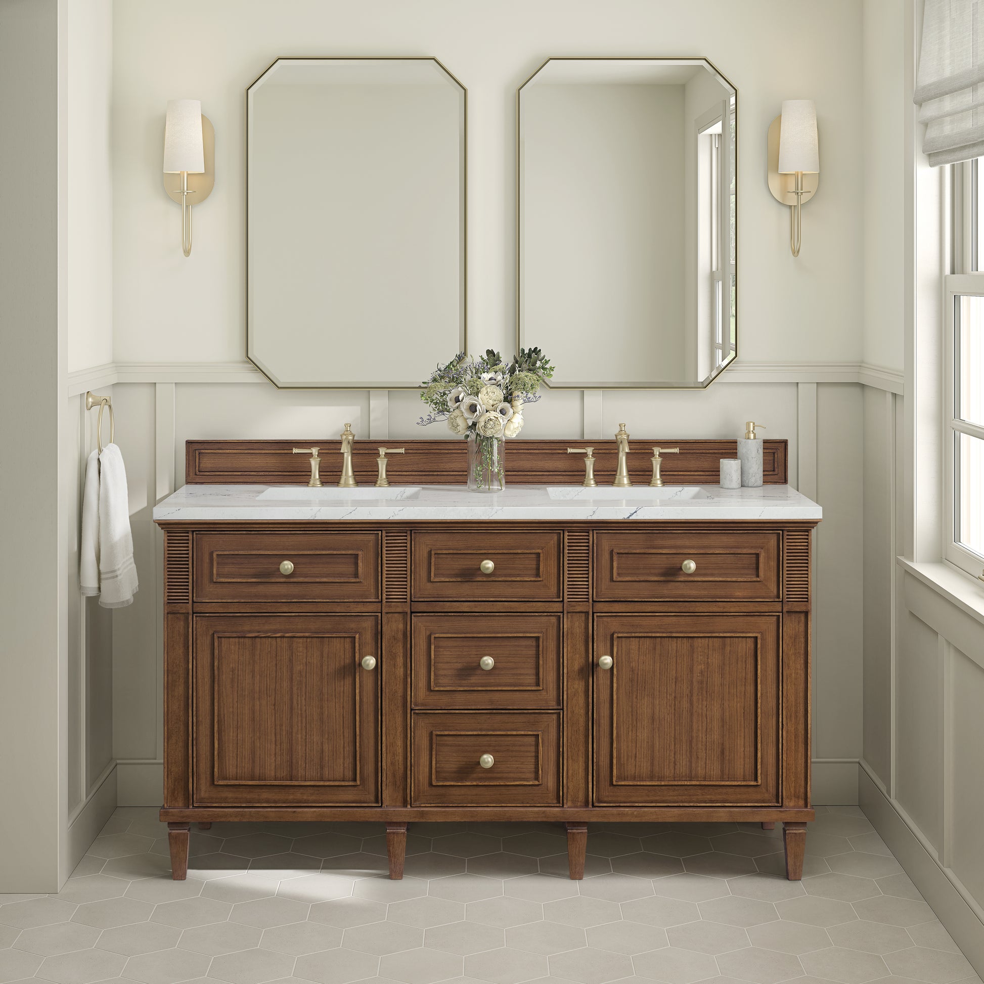 Renovate for Less Atlanta Lorelai 60" Double Vanity, Mid-Century Walnut w/ 3 CM Ethereal Noctis Silestone Top w/FreePower Wireless Charger