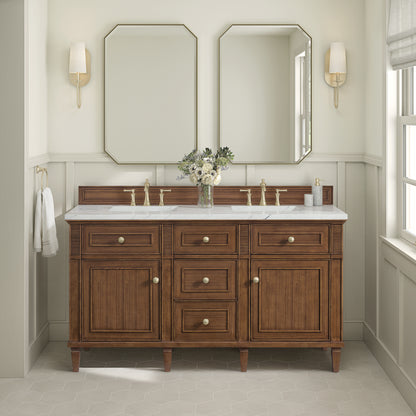 Renovate for Less Atlanta Lorelai 60" Double Vanity, Mid-Century Walnut w/ 3 CM Ethereal Noctis Silestone Top w/FreePower Wireless Charger