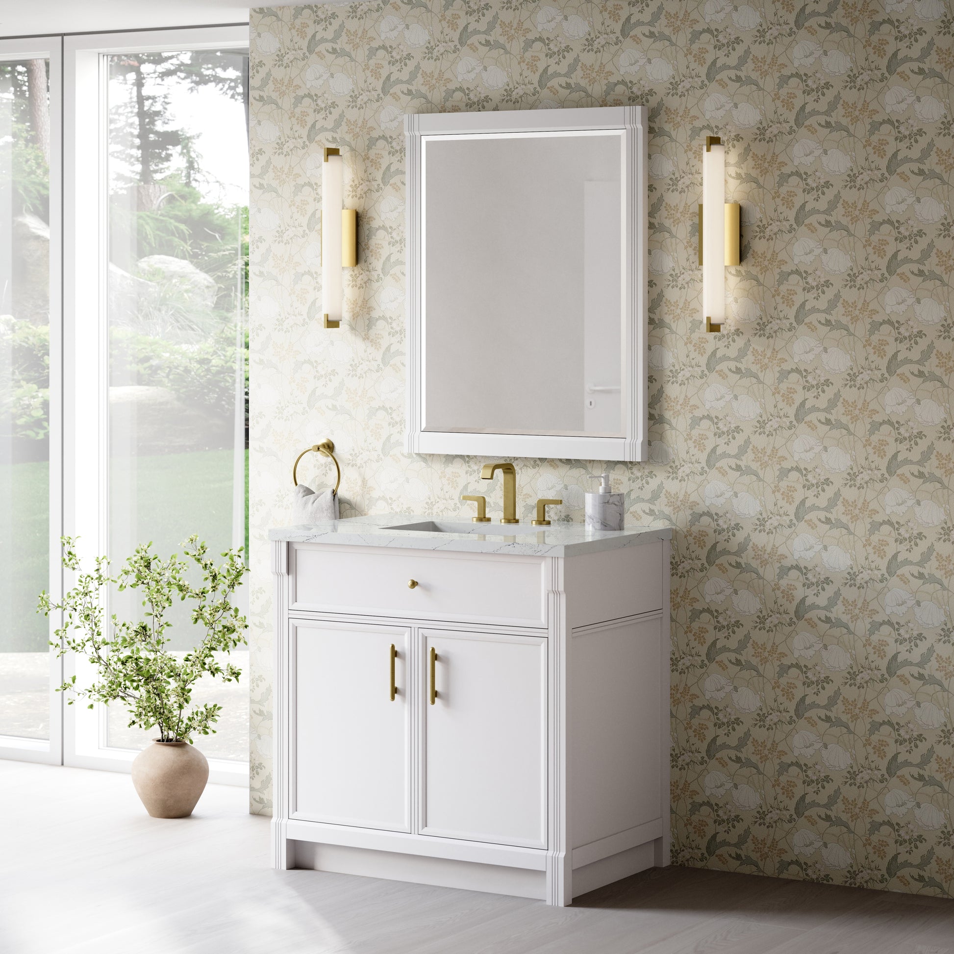 Renovate for Less Atlanta Bellshire 36" Single Vanity, Bright White w/ 3 CM Ethereal Noctis Silestone Top
