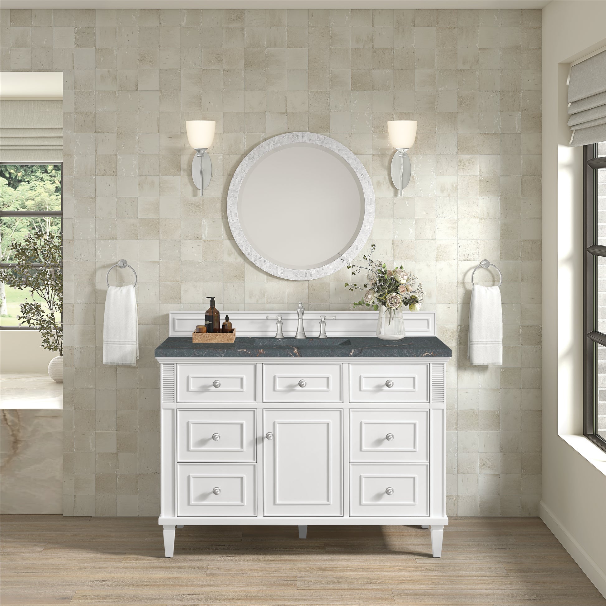 Renovate for Less Atlanta Lorelai 48" Single Vanity, Bright White w/ 3 CM Parisien Bleu Silestone Top