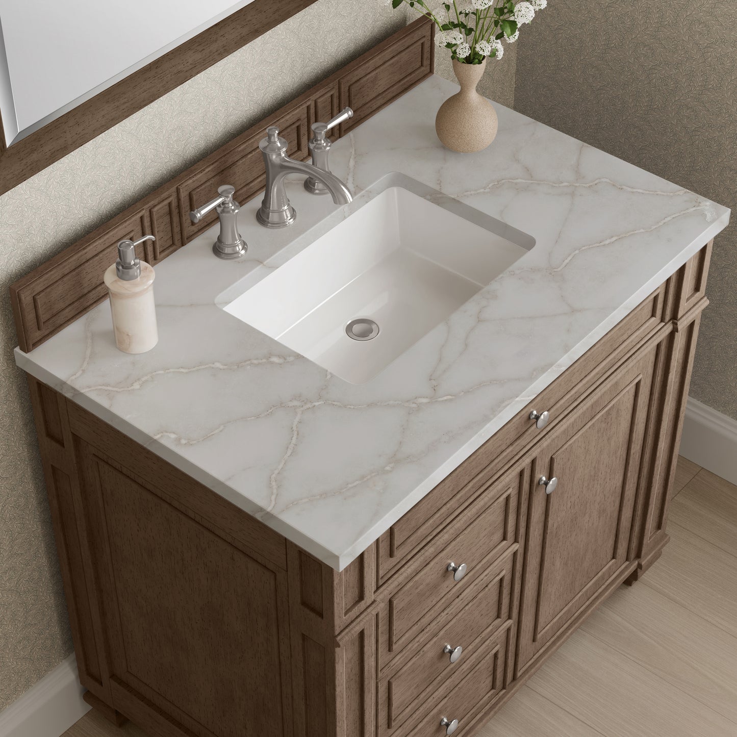 Renovate for Less Atlanta Bristol 36" Single Vanity, Whitewashed Walnut w/ 3 CM Victorian Silver Silestone Top