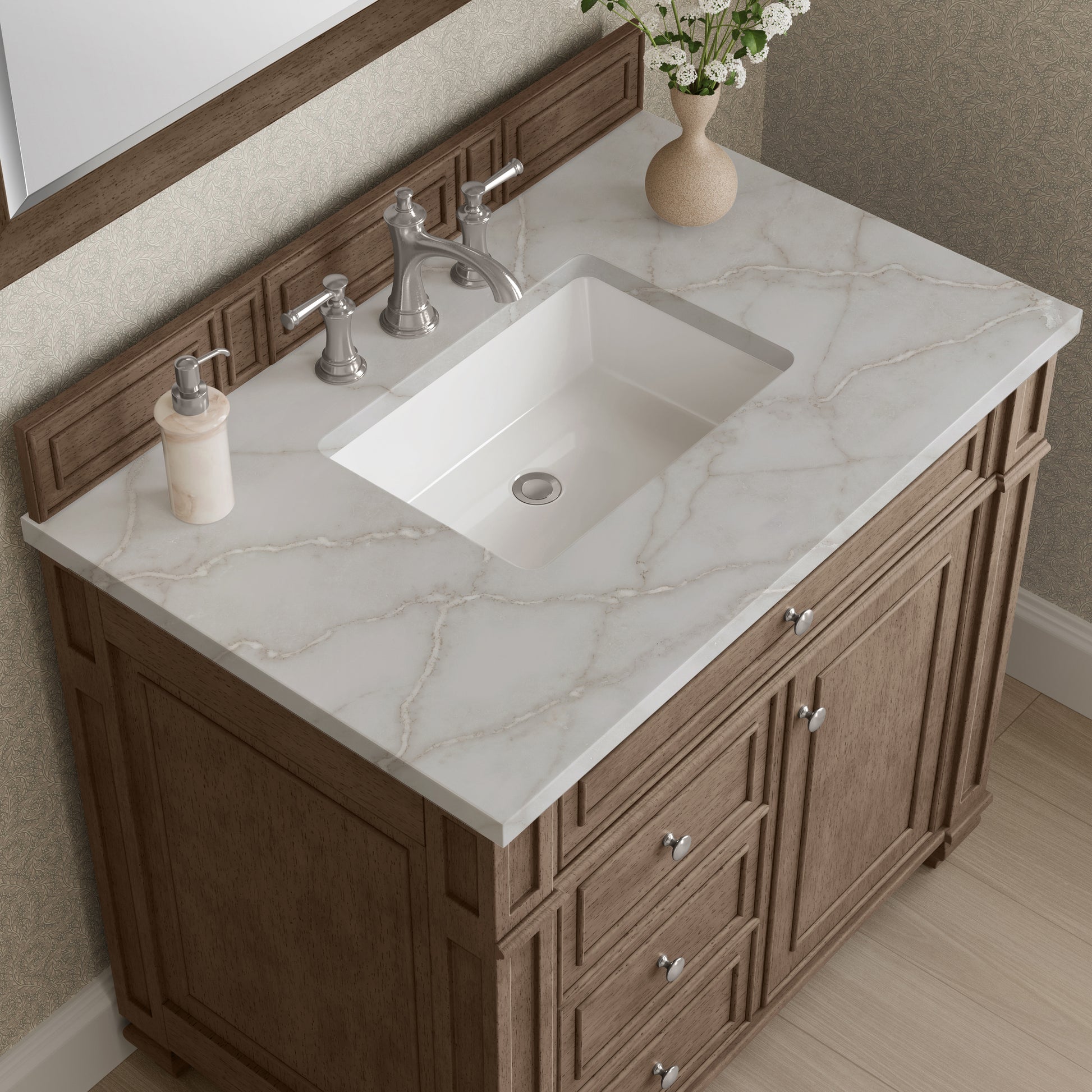 Renovate for Less Atlanta Bristol 36" Single Vanity, Whitewashed Walnut w/ 3 CM Victorian Silver Silestone Top