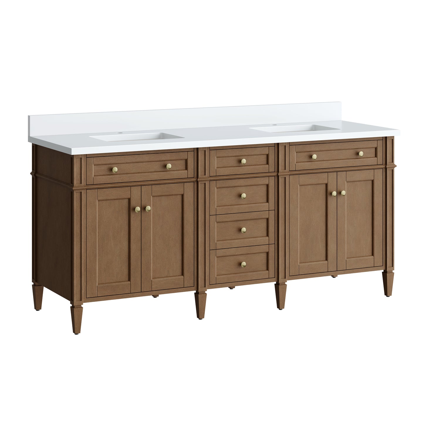 Renovate for Less Atlanta Brittany 72" Double Vanity, Pecan w/ Single Hole 3 CM White Zeus Silestone Top and Matching Backsplash
