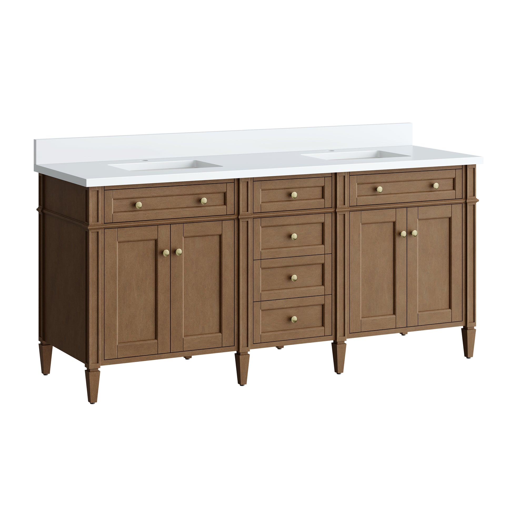 Renovate for Less Atlanta Brittany 72" Double Vanity, Pecan w/ Single Hole 3 CM White Zeus Silestone Top and Matching Backsplash