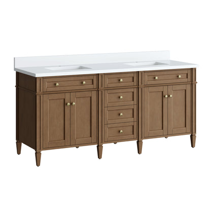 Renovate for Less Atlanta Brittany 72" Double Vanity, Pecan w/ Single Hole 3 CM White Zeus Silestone Top and Matching Backsplash
