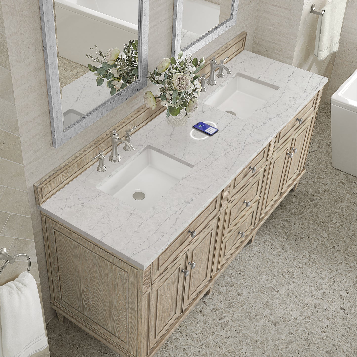 Renovate for Less Atlanta Lorelai 72" Double Vanity, Whitewashed Oak w/ 3 CM Eternal Jasmine Pearl Silestone Top w/FreePower Wireless Charger