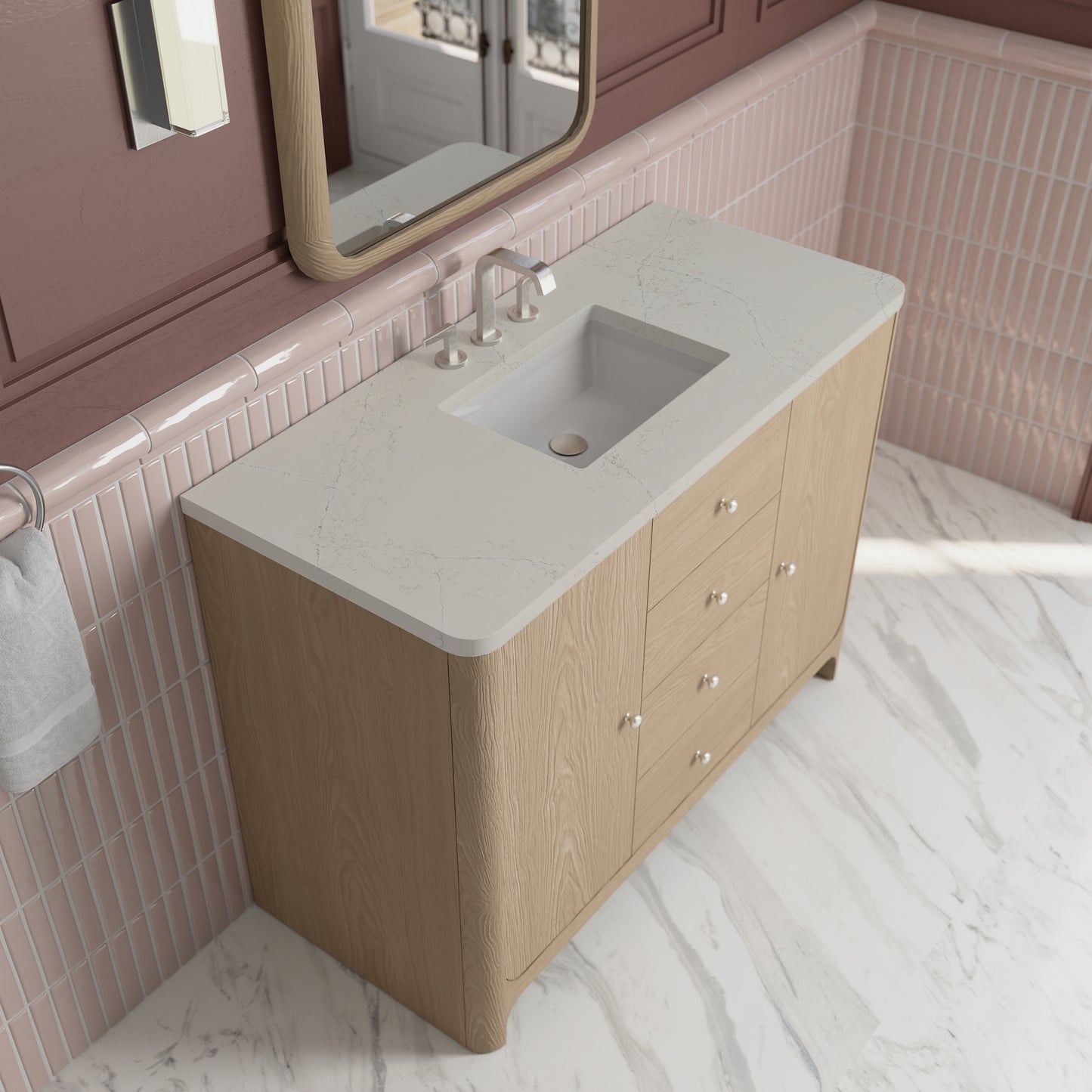 Renovate for Less Atlanta Gracyn 48" Single Vanity, Coastal Driftwood, w/ 3 CM Siberian Silestone Widespread Top