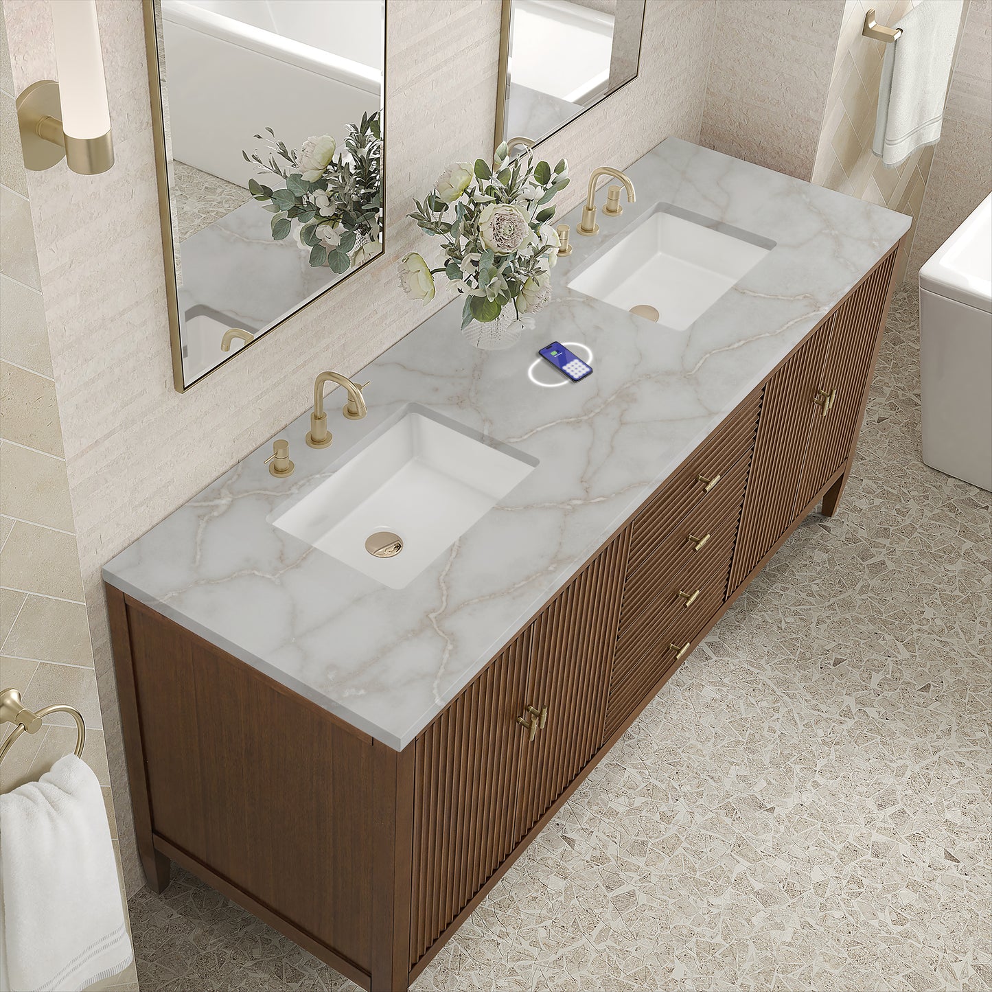 Renovate for Less Atlanta Myrrin 72" Double Vanity, Mid Century Walnut w/ 3 CM Victorian Silver Silestone Top w/FreePower Wireless Charger
