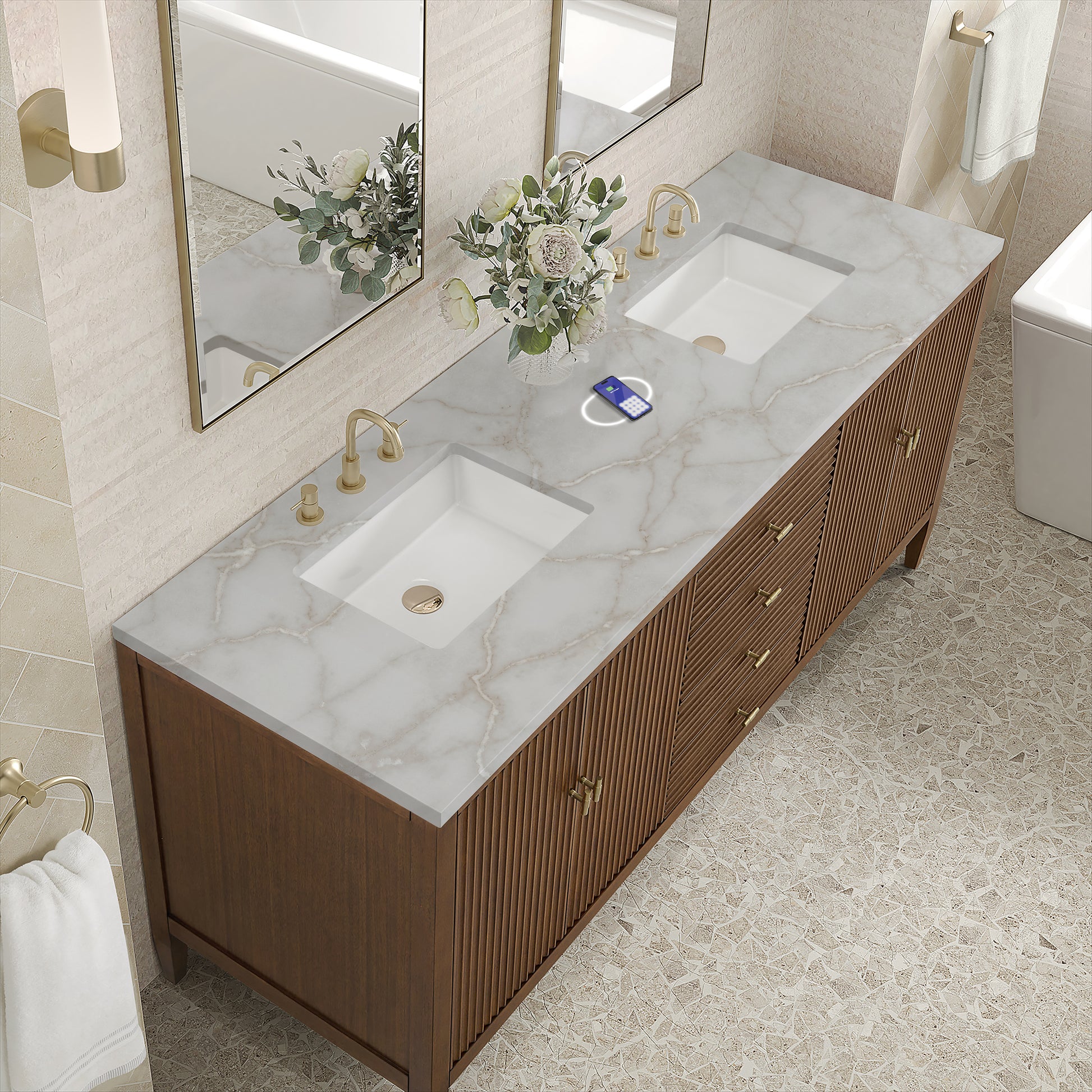Renovate for Less Atlanta Myrrin 72" Double Vanity, Mid Century Walnut w/ 3 CM Victorian Silver Silestone Top w/FreePower Wireless Charger
