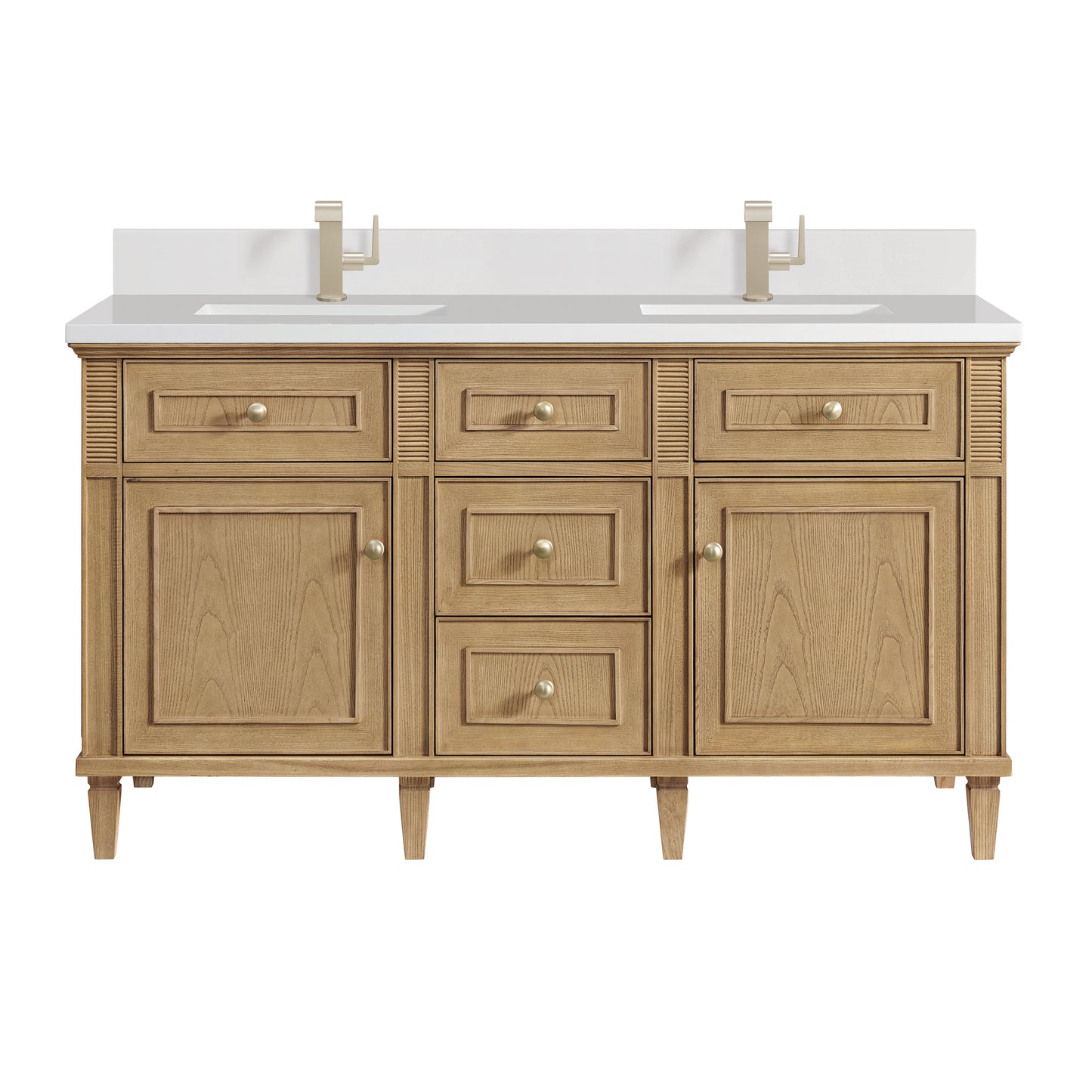 Renovate for Less Atlanta Lorelai 60" Double Vanity, Light Natural Oak w/ Single Hole 3 CM White Zeus Silestone Top & Backsplash