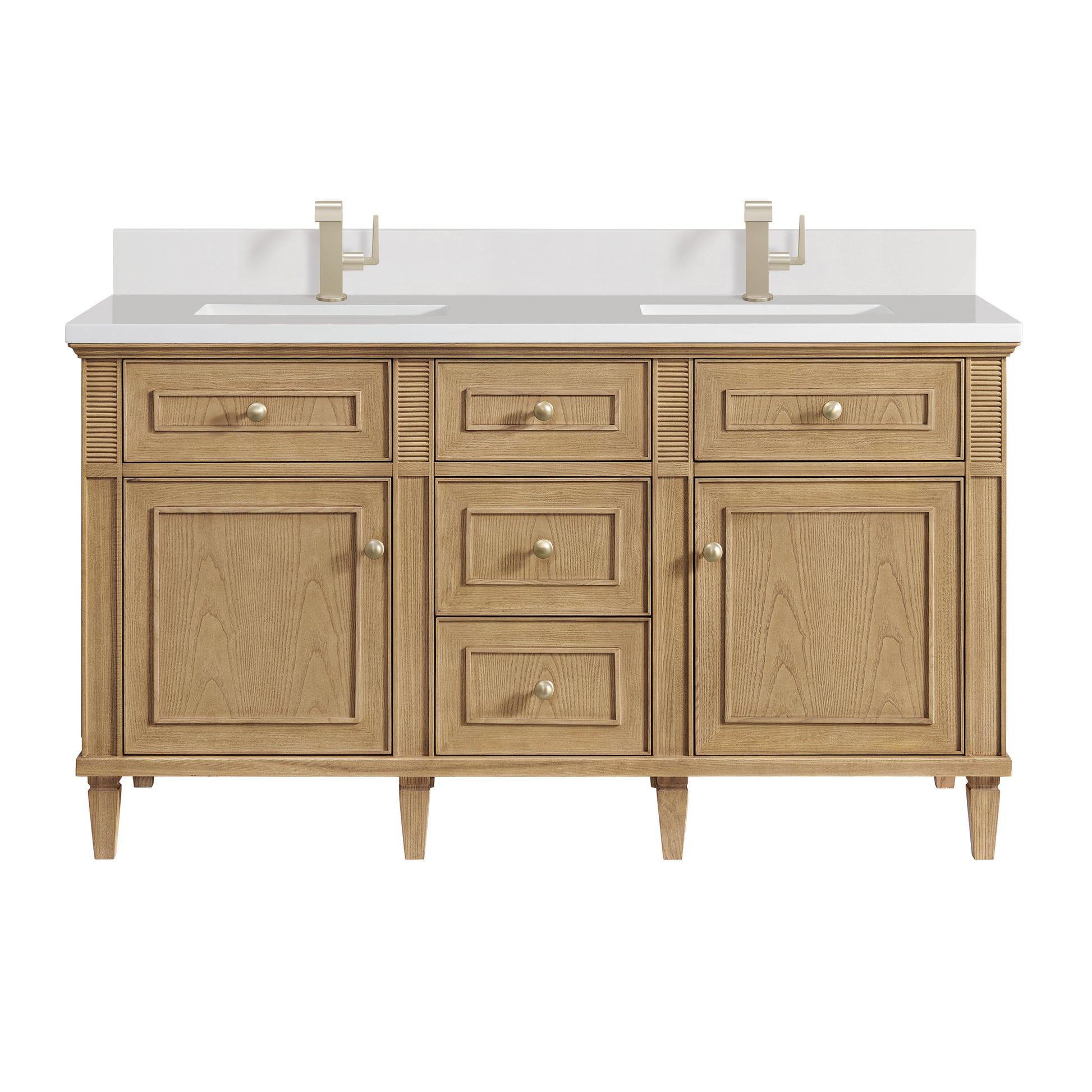 Renovate for Less Atlanta Lorelai 60" Double Vanity, Light Natural Oak w/ Single Hole 3 CM White Zeus Silestone Top & Backsplash