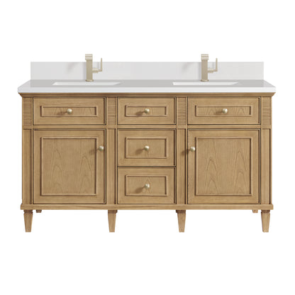 Renovate for Less Atlanta Lorelai 60" Double Vanity, Light Natural Oak w/ Single Hole 3 CM White Zeus Silestone Top & Backsplash