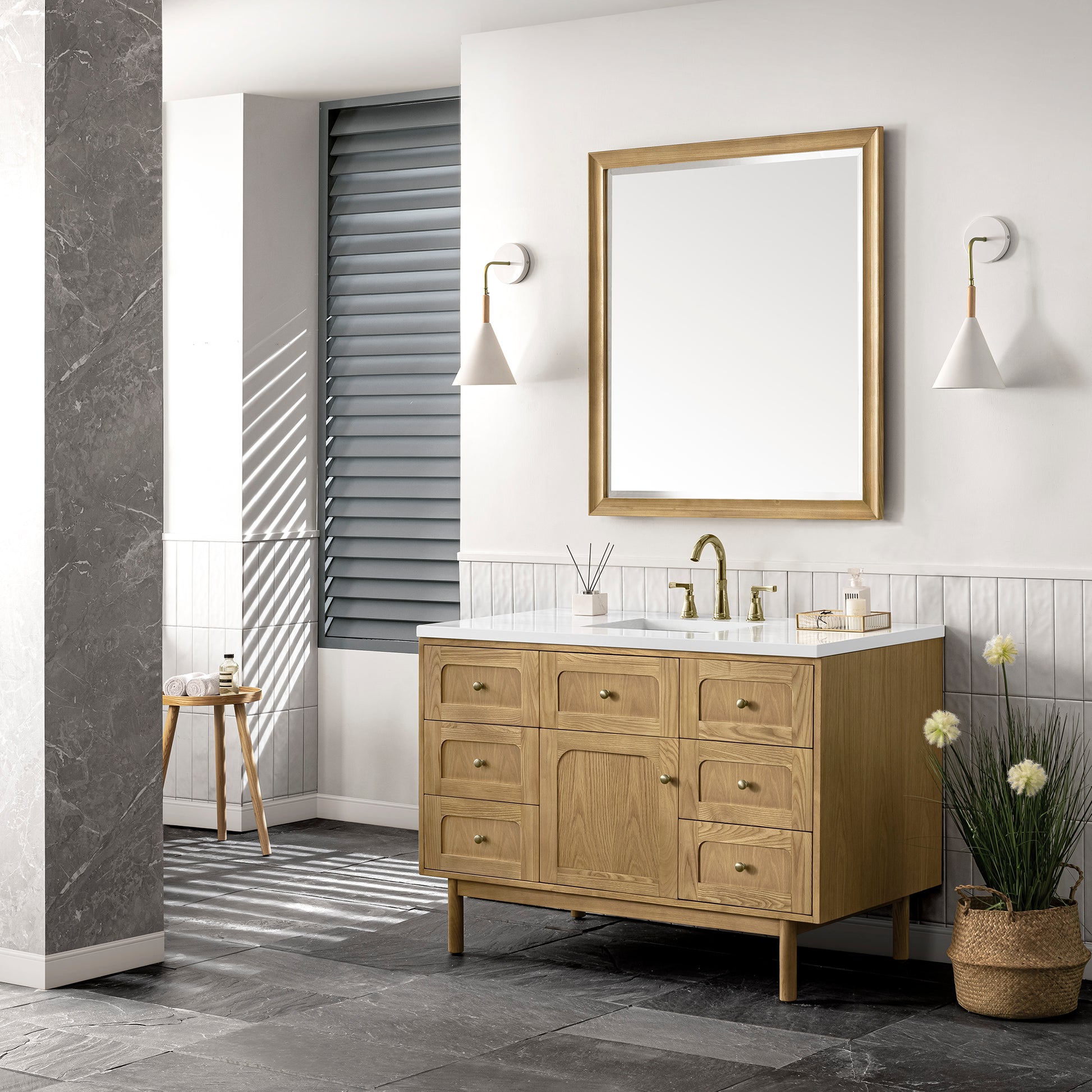 Renovate for Less Atlanta Laurent 48" Single Vanity, Light Natural Oak w/ 3 CM White Zeus Top