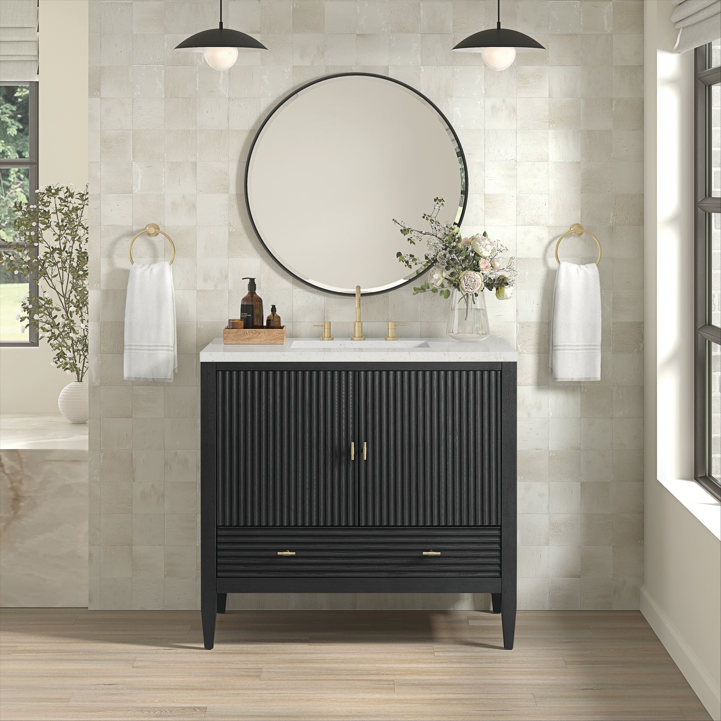 Renovate for Less Atlanta Myrrin 36" Vanity, Carbon Oak w/ 3 CM Lime Delight Silestone Top