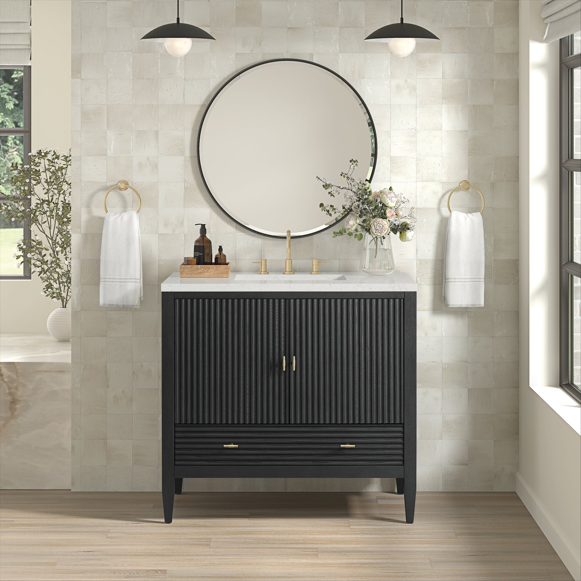 Renovate for Less Atlanta Myrrin 36" Vanity, Carbon Oak w/ 3 CM Lime Delight Silestone Top