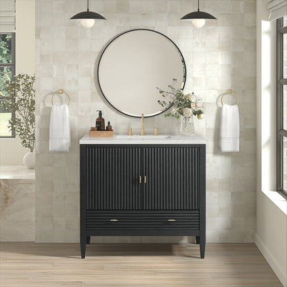 Renovate for Less Atlanta Myrrin 36" Vanity, Carbon Oak w/ 3 CM Lime Delight Silestone Top