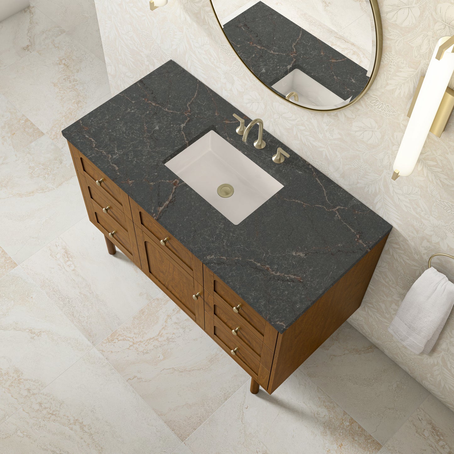 Renovate for Less Atlanta Laurent 48" Single Vanity, Honey Oak w/ 3 CM Parisien Bleu Silestone Top