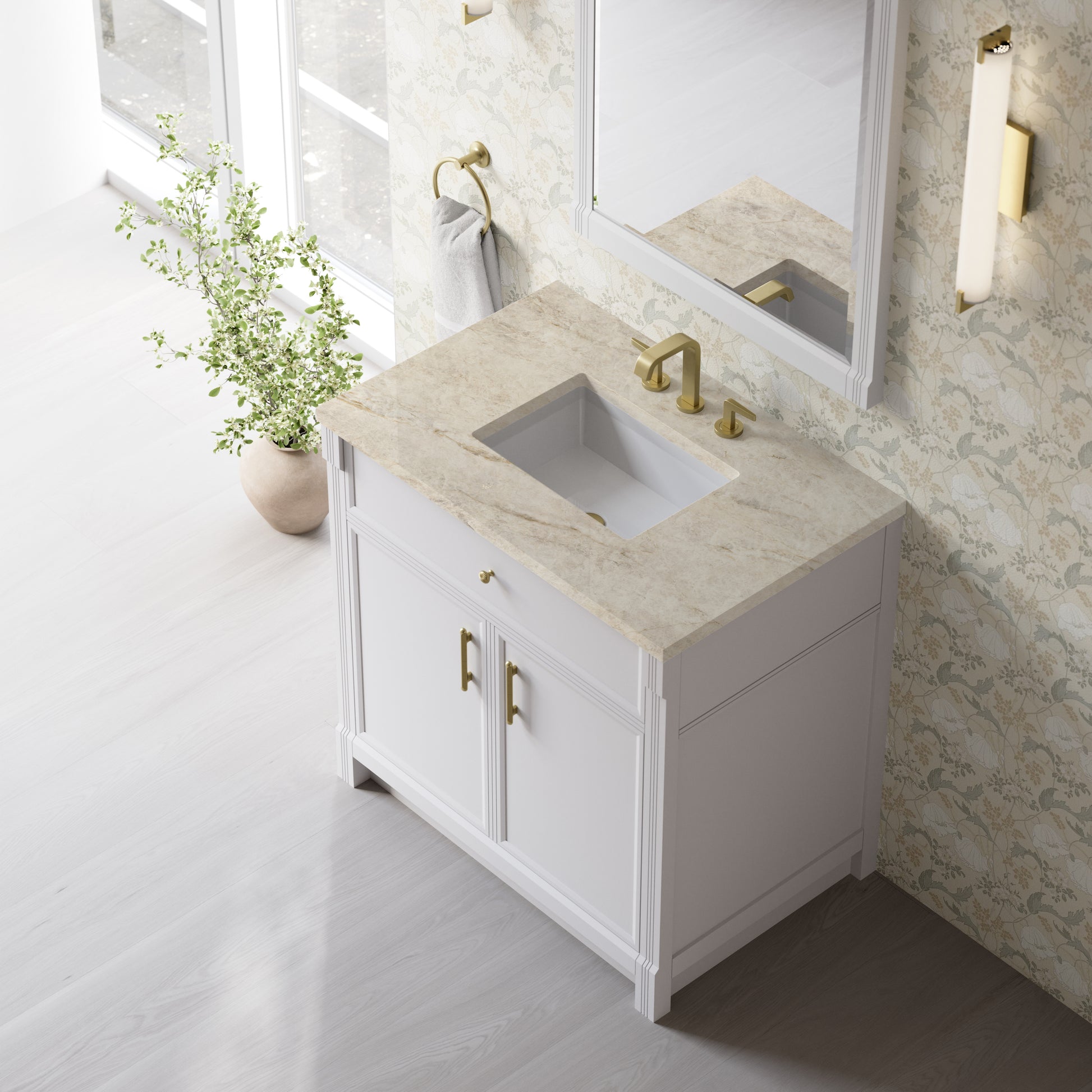 Renovate for Less Atlanta Bellshire 36" Single Vanity, Bright White w/ 3 CM Tajnar Eclos Top