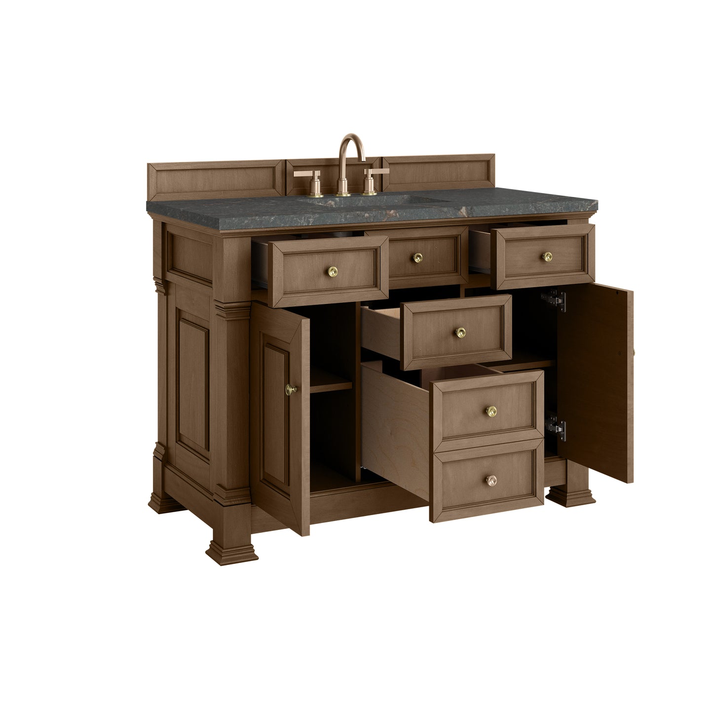 Renovate for Less Atlanta Brookfield 48" Single Vanity, Pecan w/ 3 CM Parisien Bleu Silestone Top w/ FreePower Wireless Charger