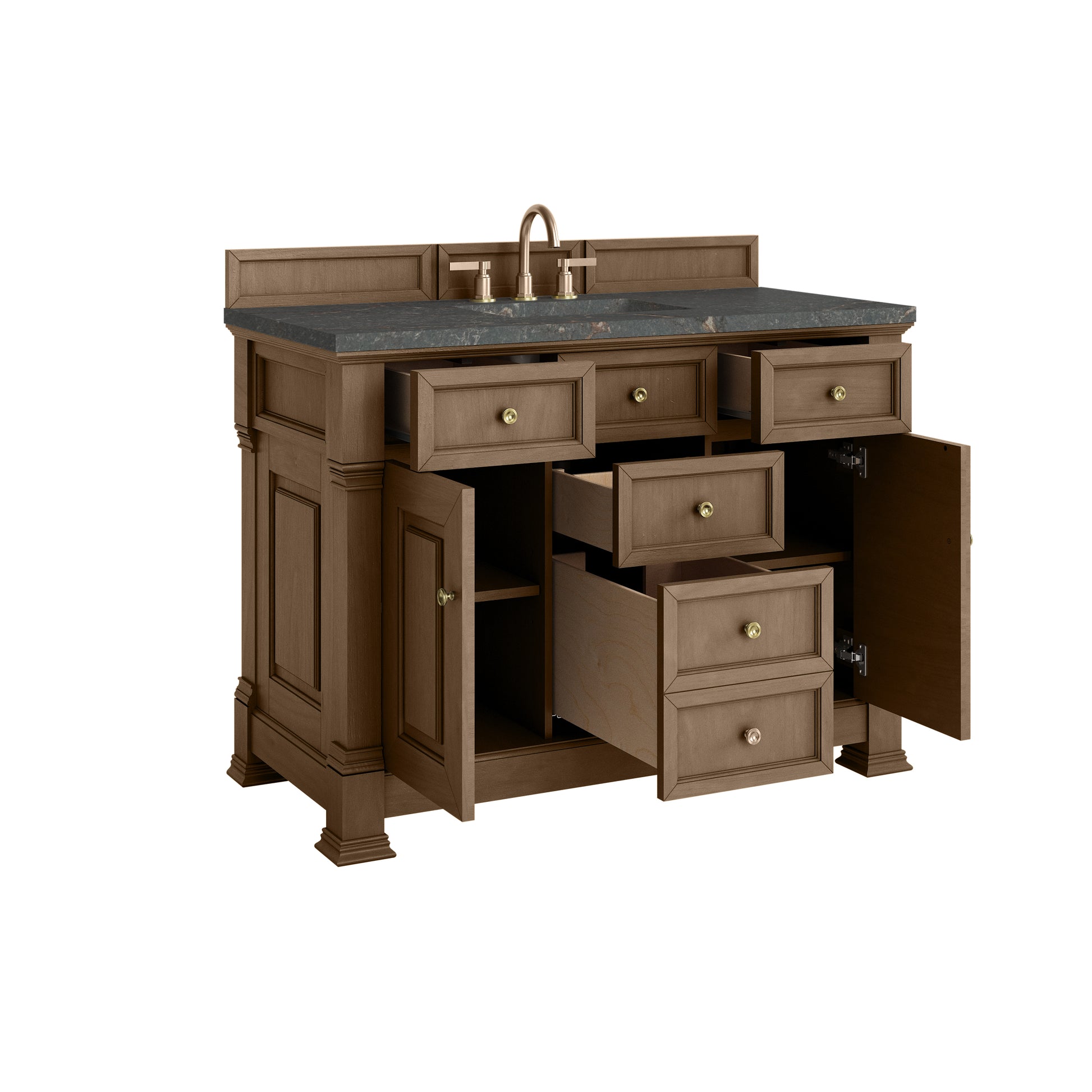 Renovate for Less Atlanta Brookfield 48" Single Vanity, Pecan w/ 3 CM Parisien Bleu Silestone Top w/ FreePower Wireless Charger