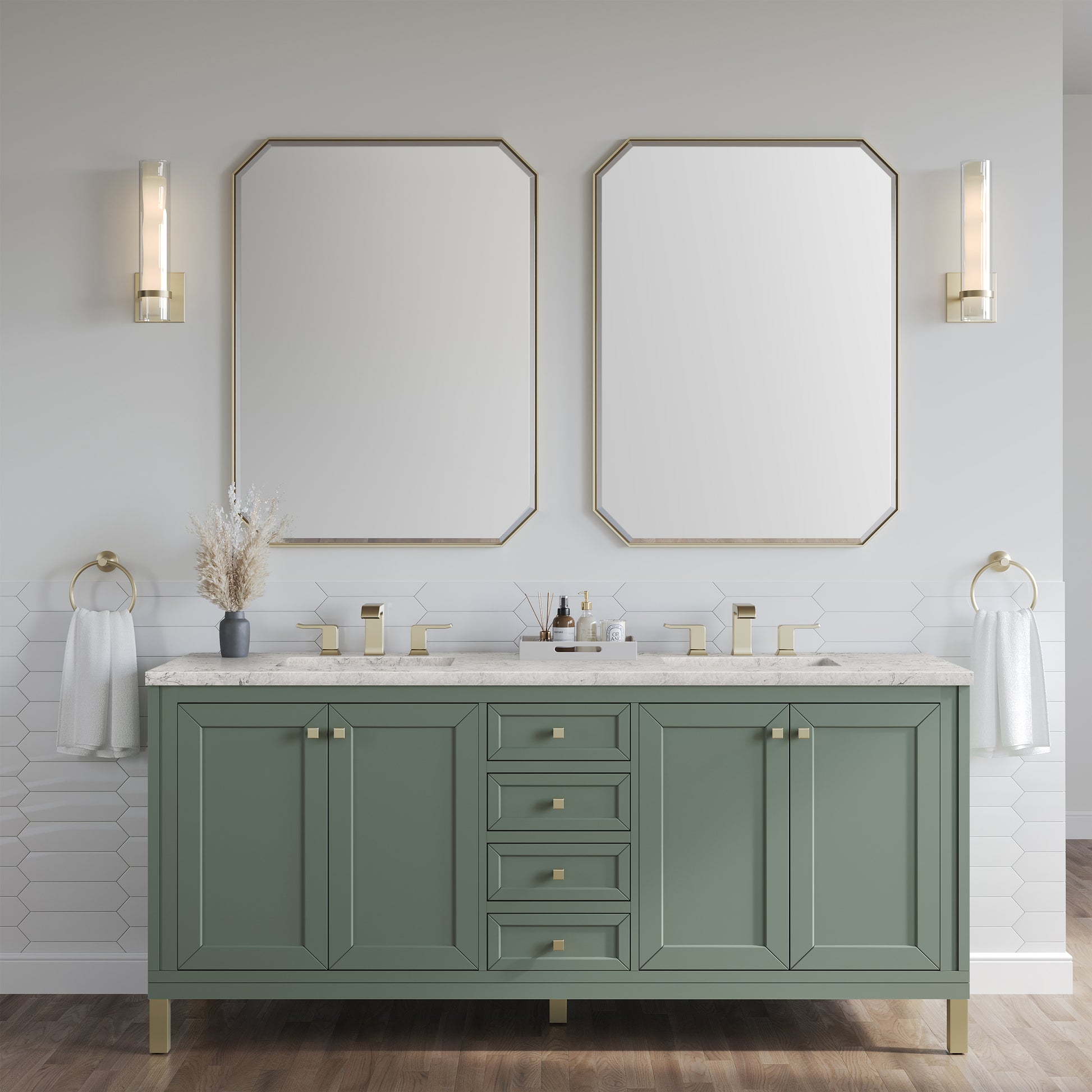 Renovate for Less Atlanta Chicago 72" Double Vanity, Smokey Celadon, w/ 3 CM Eternal Jasmine Pearl Silestone® Top