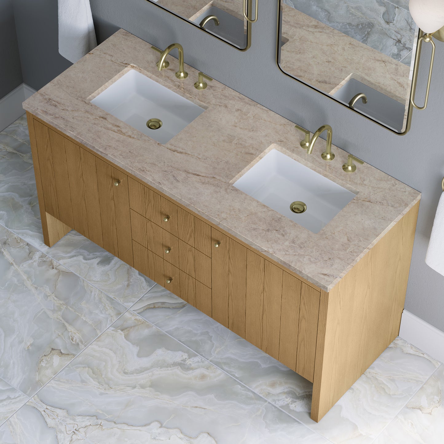 Renovate for Less Atlanta Hudson 60" Double Vanity, Light Natural Oak, w/ 3 CM Tajnar Eclos Top