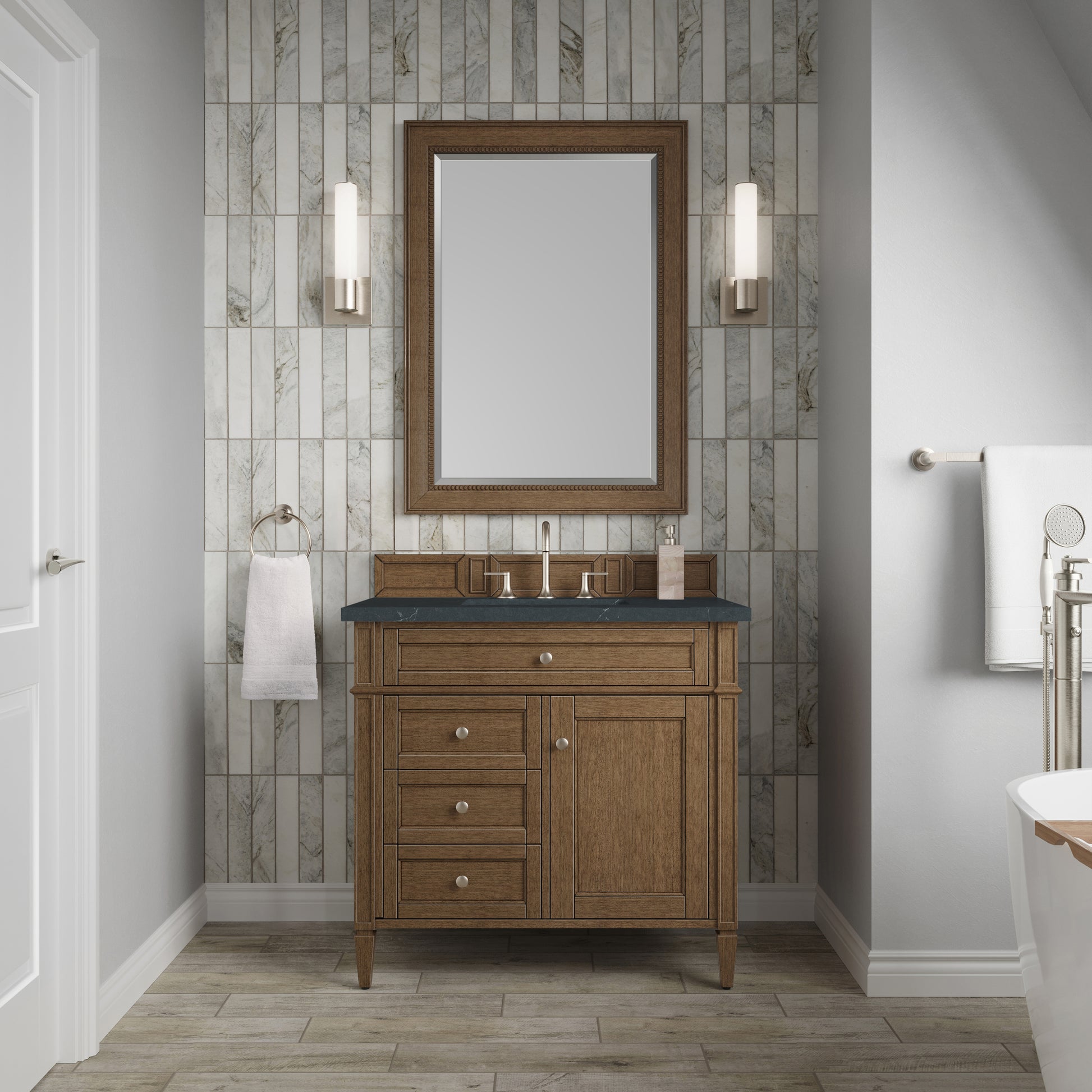Renovate for Less Atlanta Brittany 36" Single Vanity, Saddle Brown w/ 3 CM Charcoal Soapstone Silestone Top