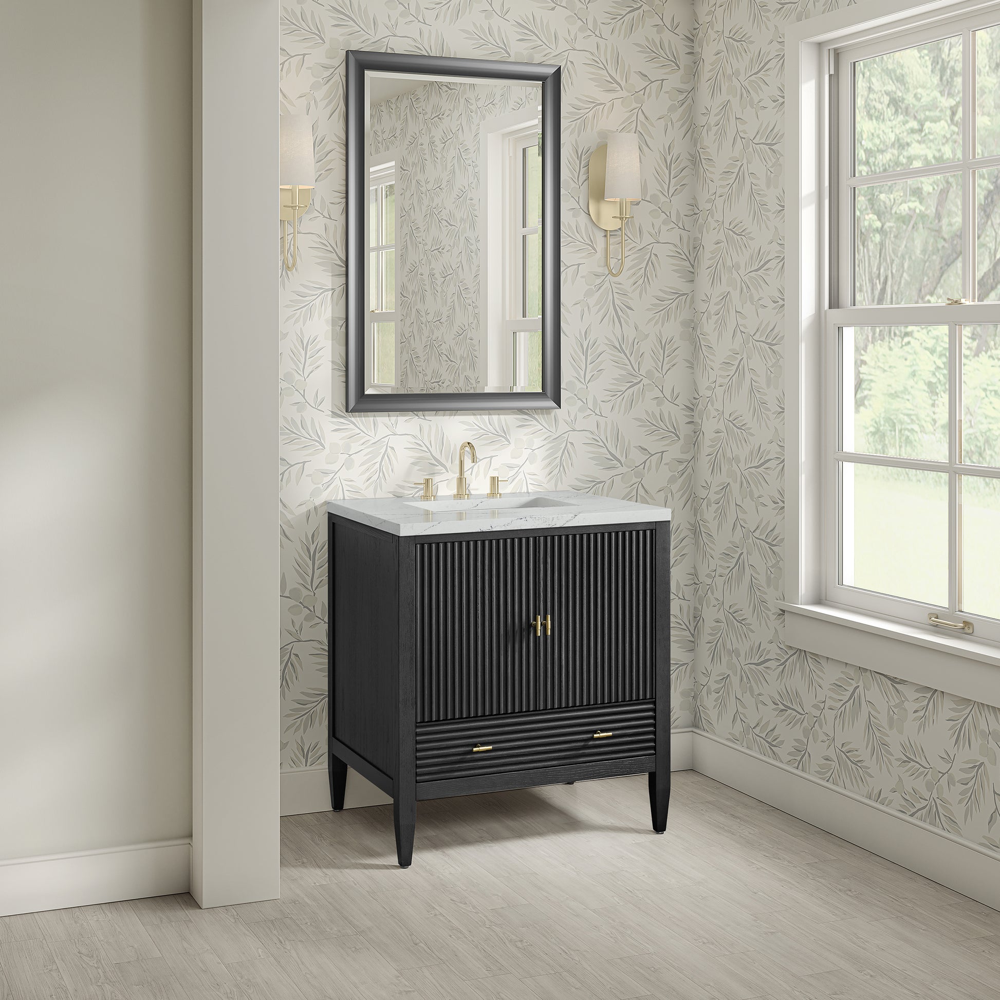 Renovate for Less Atlanta Myrrin 30" Single Vanity, Carbon Oak w/ 3 CM Ethereal Noctis Silestone Top