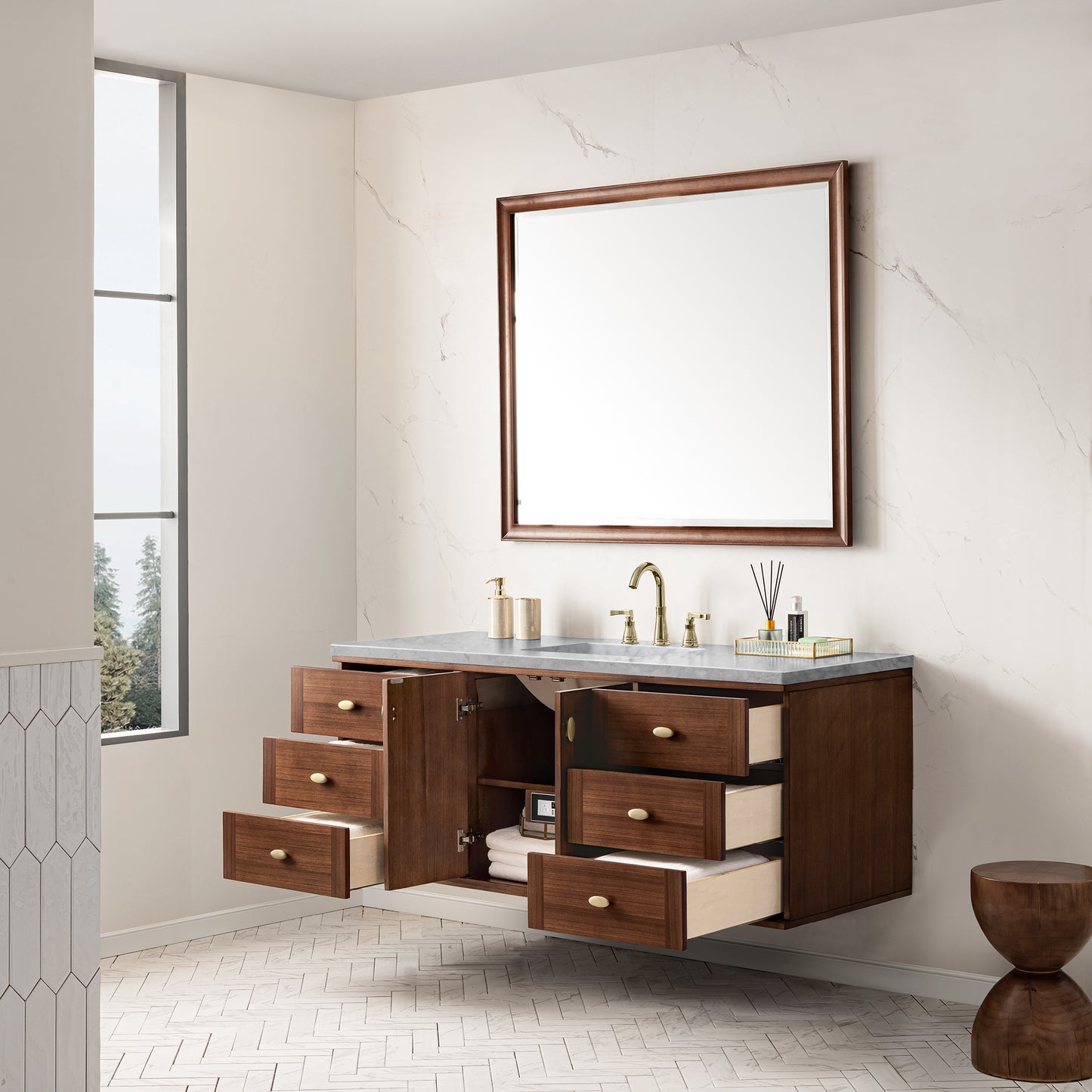Renovate for Less Atlanta Amberly 60" Single Vanity, Mid-Century Walnut w/ 3 CM Carrara Marble Top