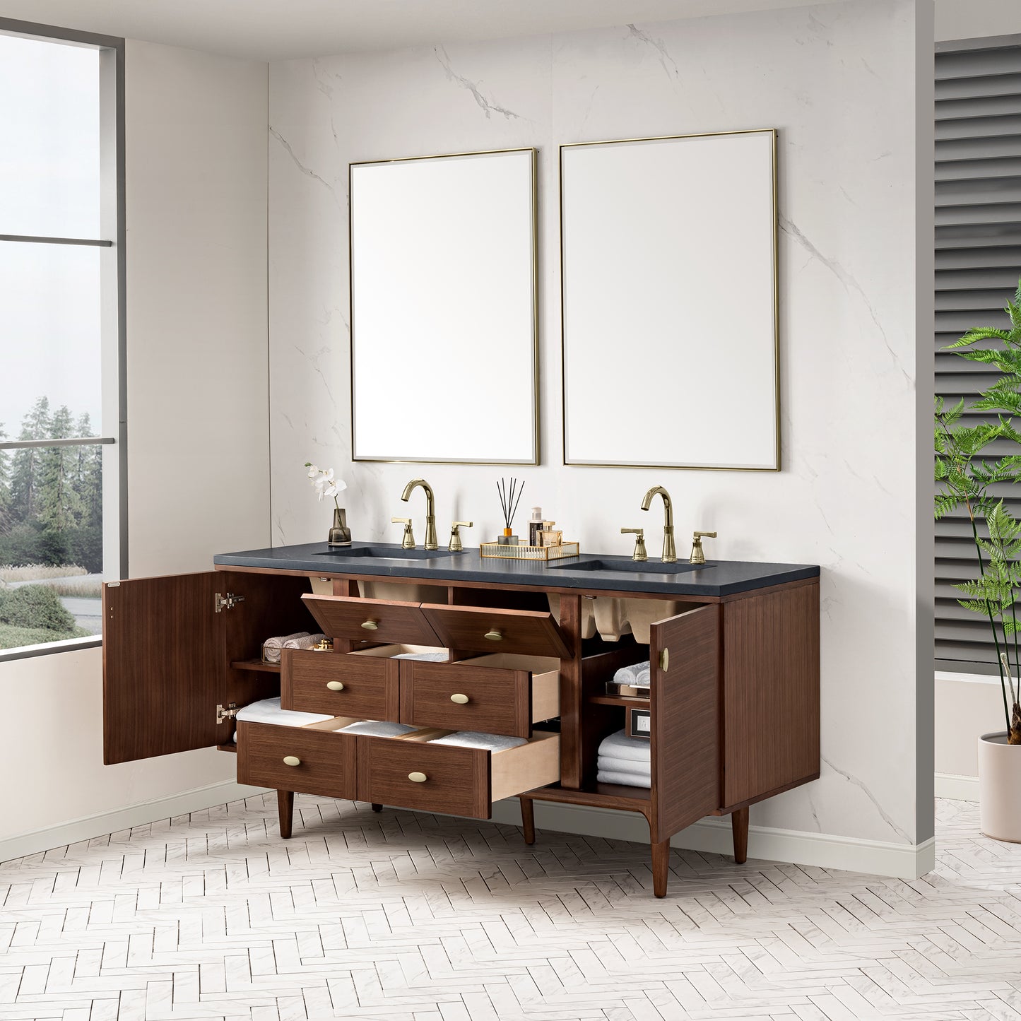 Renovate for Less Atlanta Amberly 72" Double Vanity, Mid-Century Walnut w/ 3 CM Charcoal Soapstone Top