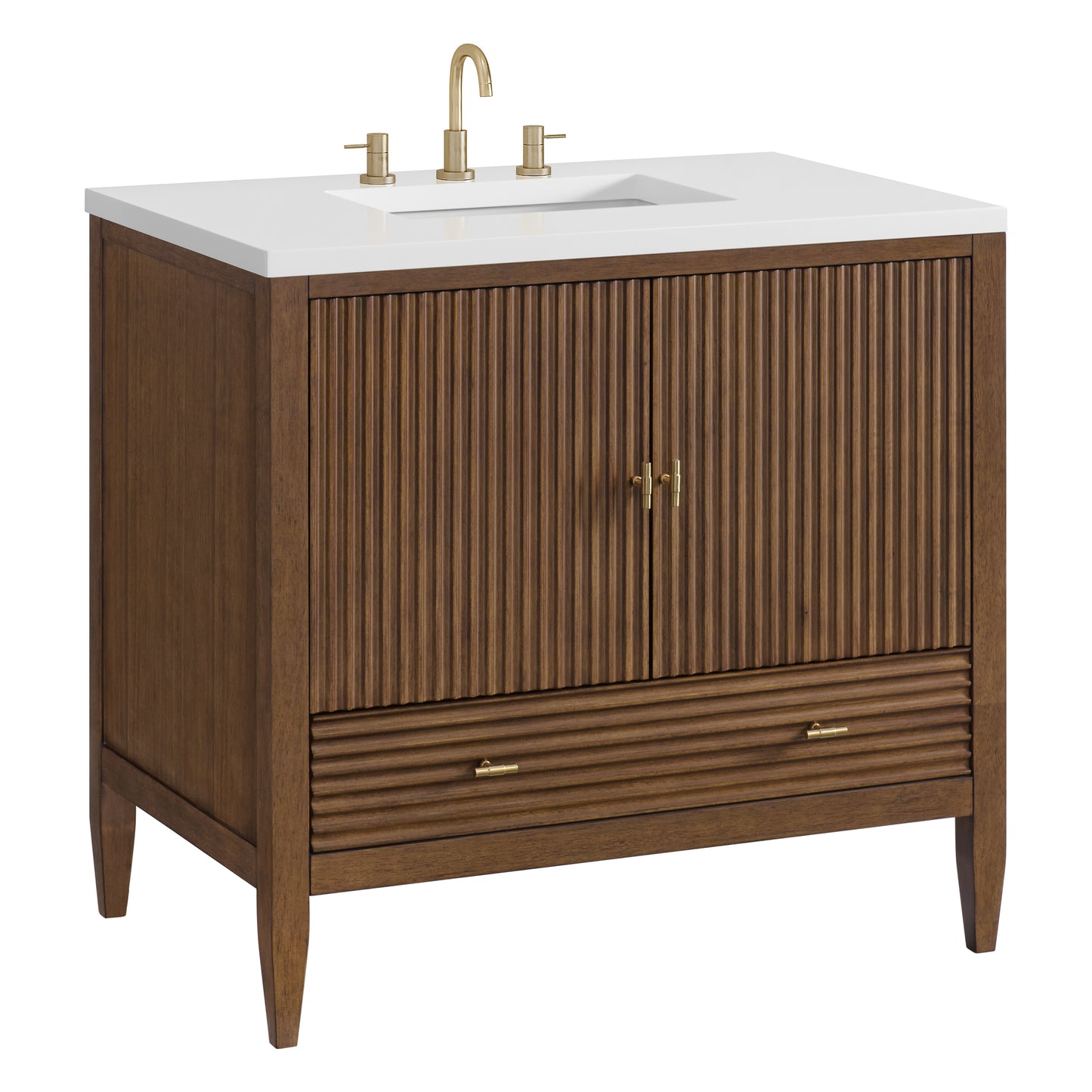 Renovate for Less Atlanta Myrrin 36" Vanity, Mid Century Walnut w/ 3 CM White Zeus Silestone Top