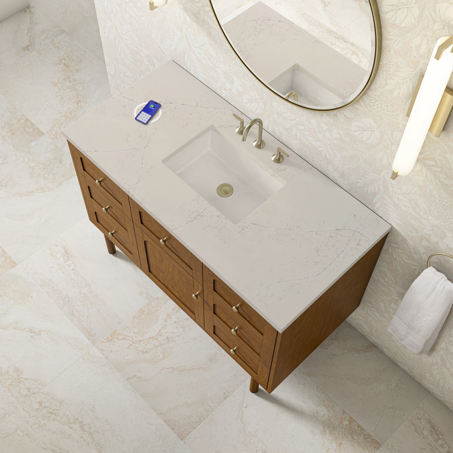 Renovate for Less Atlanta Laurent 48" Single Vanity, Honey Oak w/ 3 CM Siberian Silestone Top w/FreePower Wireless Charger