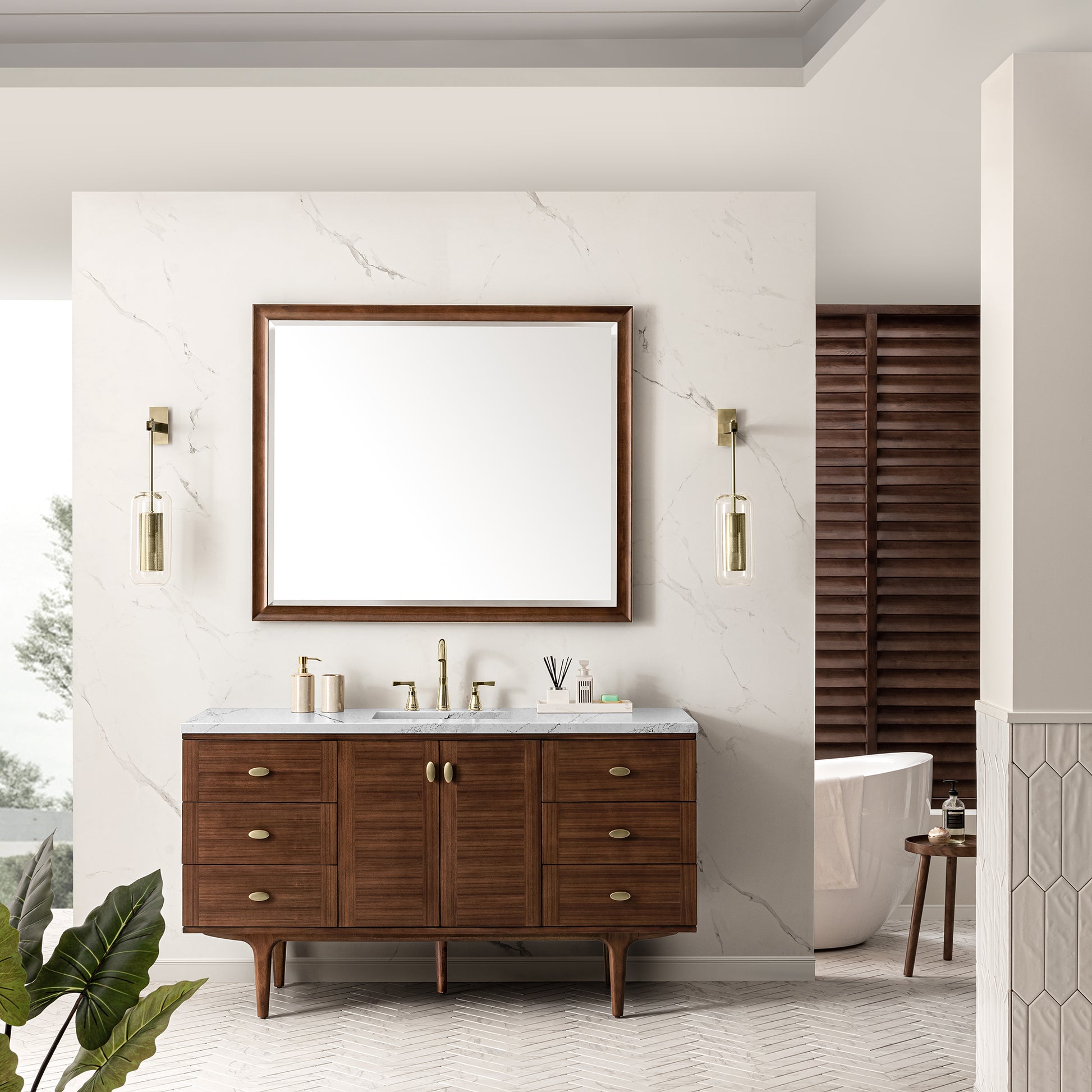 Renovate for Less Atlanta Amberly 60" Single Vanity, Mid-Century Walnut w/ 3 CM Ethereal Noctis Top