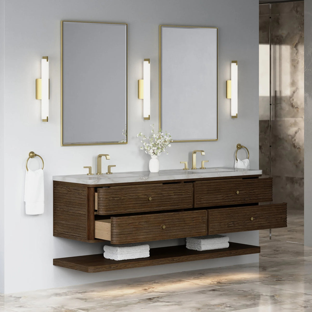 Allamari 72" Double Vanity, Sable w/ 3 CM Victorian Silver Top w/FreePower Wireless Charger