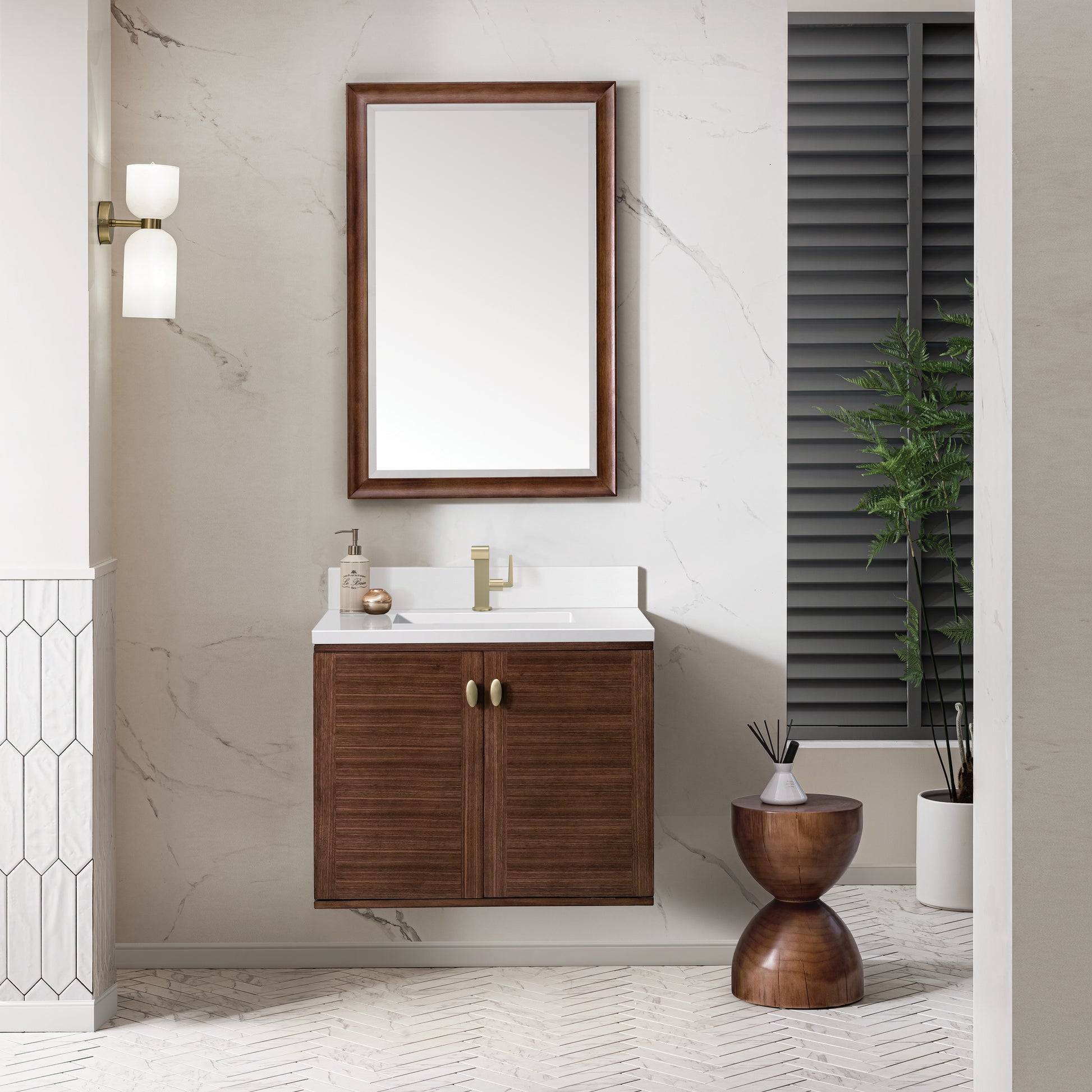 Renovate for Less Atlanta Amberly 30" Single Vanity, Mid-Century Walnut w/ Single Hole 3 CM White Zeus Top & Backsplash