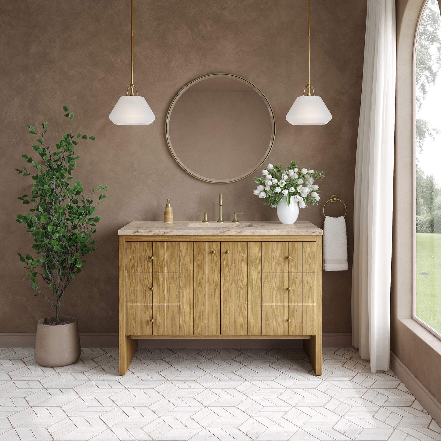 Renovate for Less Atlanta Hudson 48" Single Vanity, Light Natural Oak, w/ 3 CM Tajnar Eclos Top w/FreePower Wireless Charger