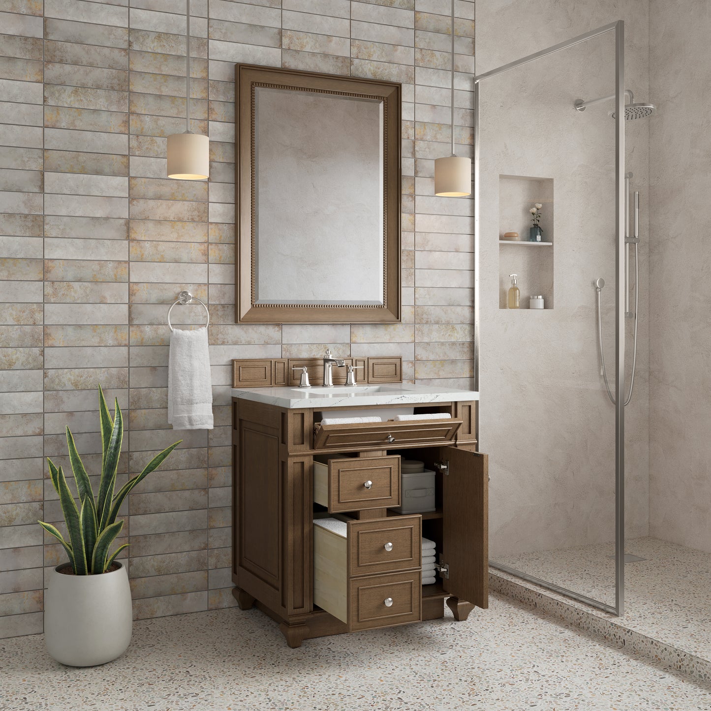 Renovate for Less Atlanta Bristol 30" Single Vanity, Saddle Brown w/ 3 CM Ethereal Noctis Silestone Top