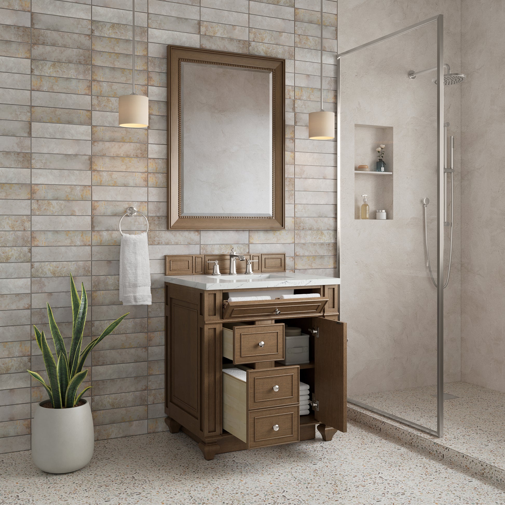 Renovate for Less Atlanta Bristol 30" Single Vanity, Saddle Brown w/ 3 CM Ethereal Noctis Silestone Top