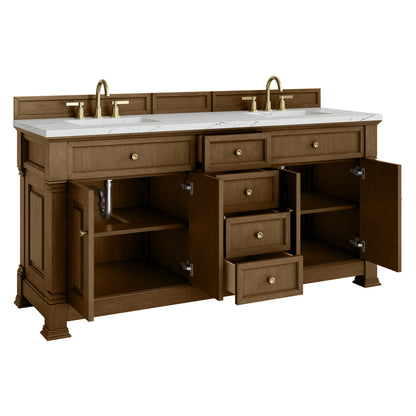 Renovate for Less Atlanta Brookfield 72" Double Vanity, Honey Oak w/ 3 CM Ethereal Noctis Silestone Top