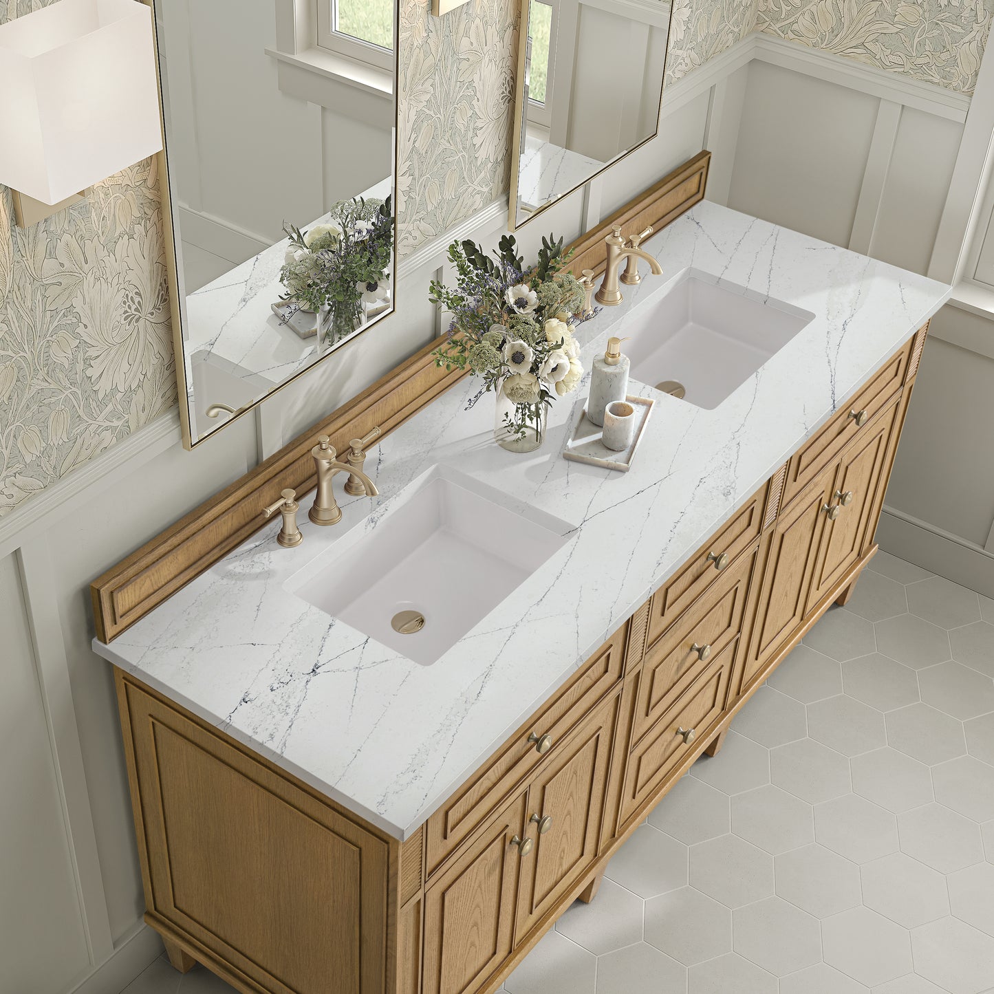 Renovate for Less Atlanta Lorelai 72" Double Vanity, Light Natural Oak w/ 3 CM Ethereal Noctis Silestone Top