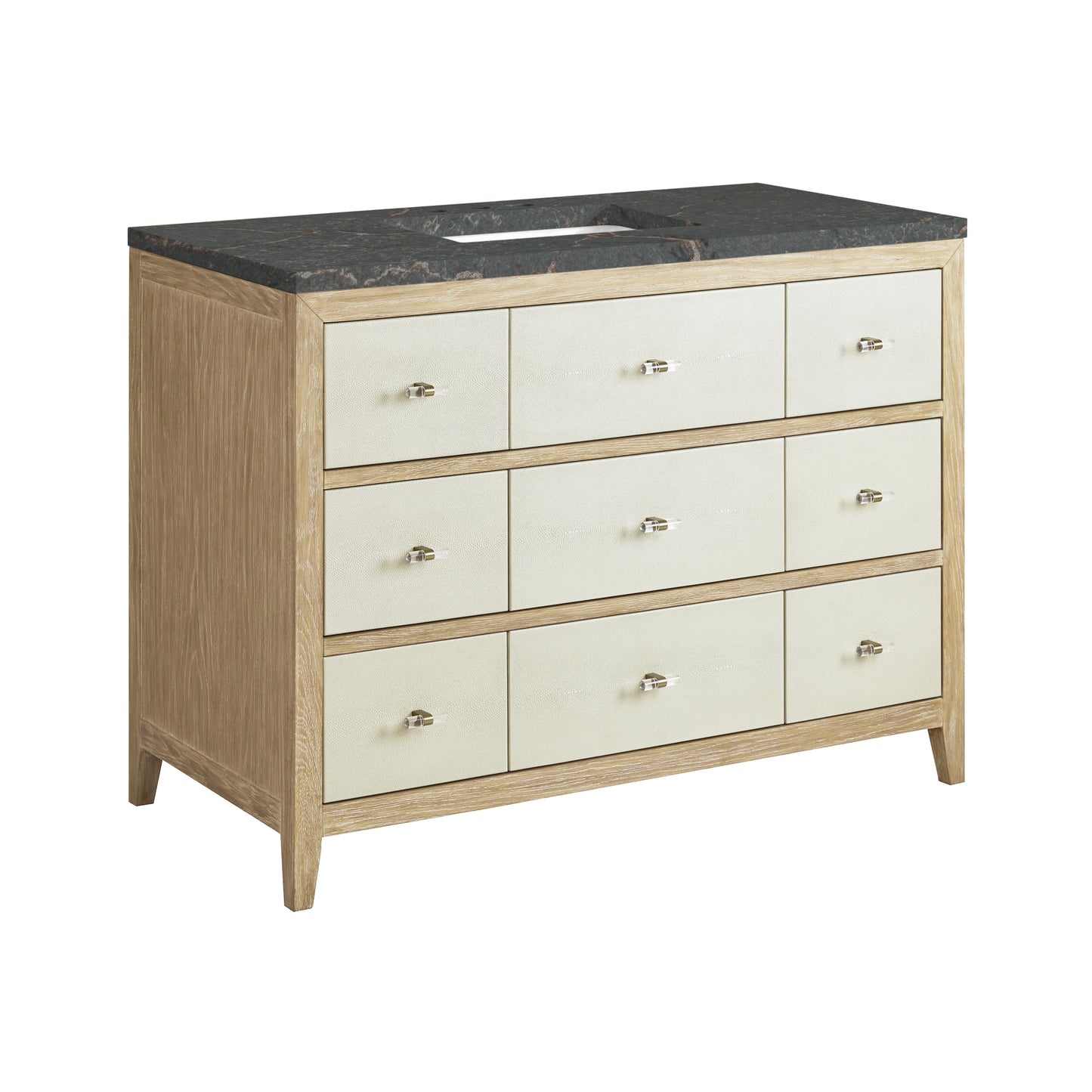 Renovate for Less Atlanta Celeste 48" Single Vanity, Sunwashed Oak with Embossed Shagreen w/ 3 CM Parisien Bleu Silestone Top w/ FreePower Wireless Charger
