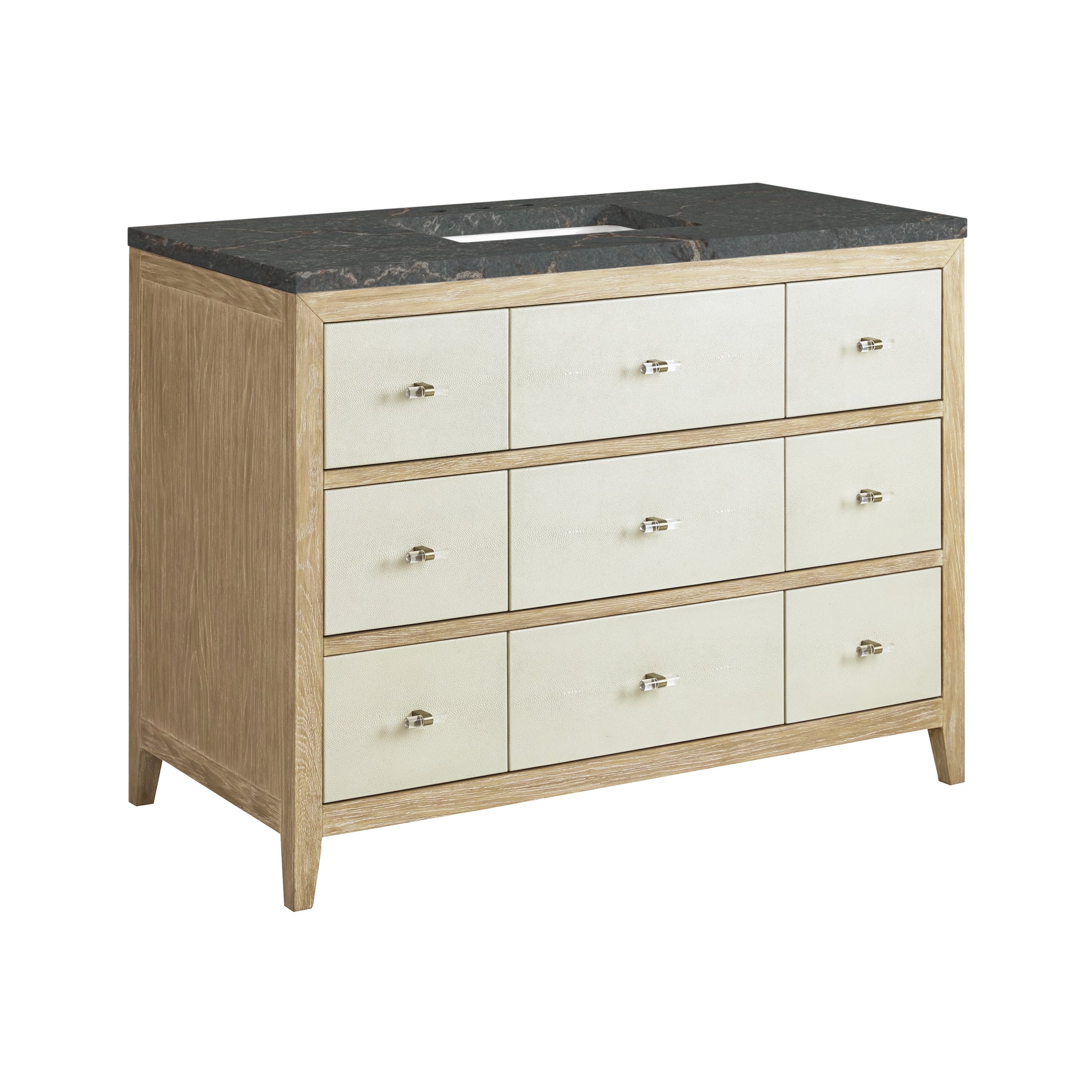 Renovate for Less Atlanta Celeste 48" Single Vanity, Sunwashed Oak with Embossed Shagreen w/ 3 CM Parisien Bleu Silestone Top w/ FreePower Wireless Charger
