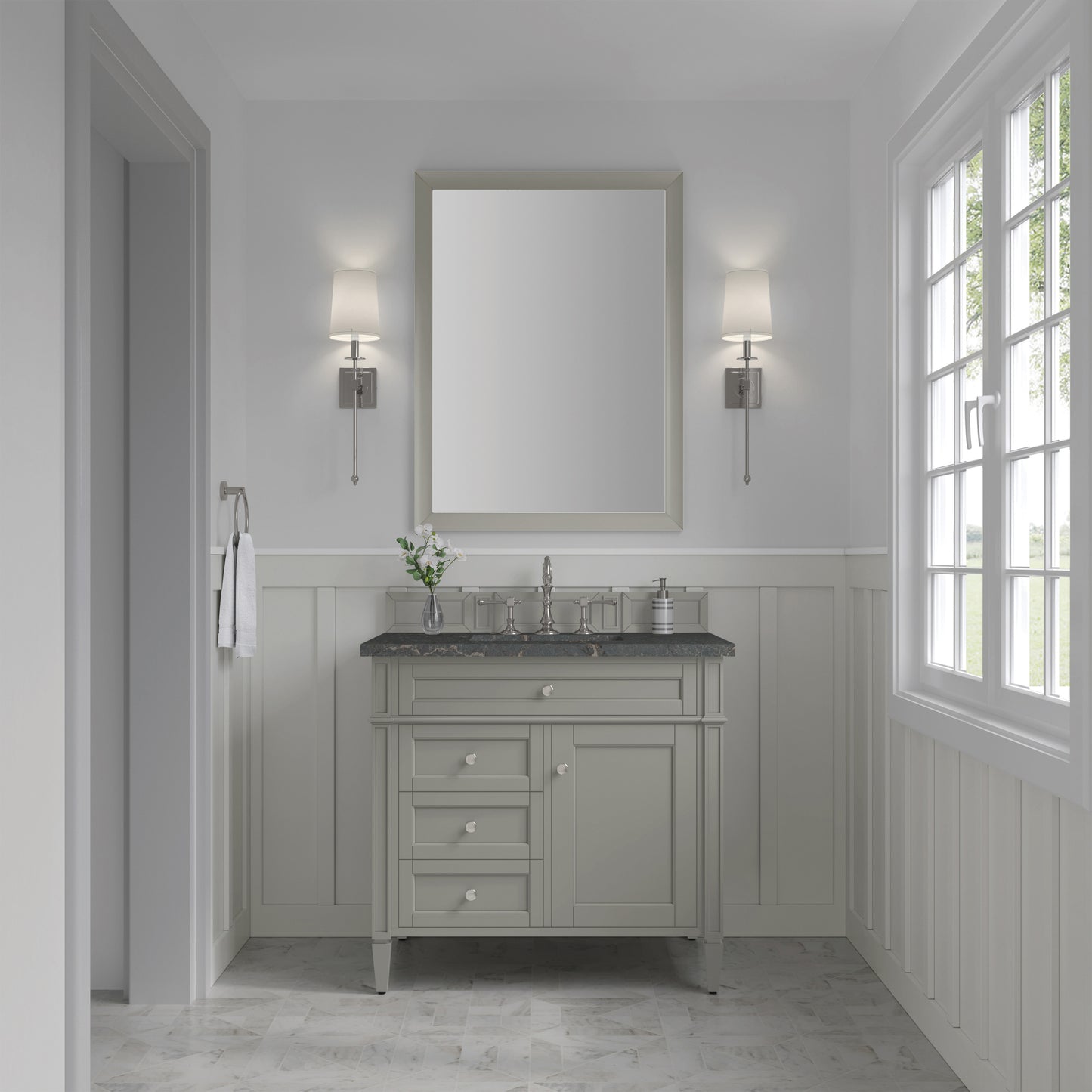 Renovate for Less Atlanta Brittany 36" Single Vanity, Urban Gray w/ 3 CM Parisien Bleu Silestone Top