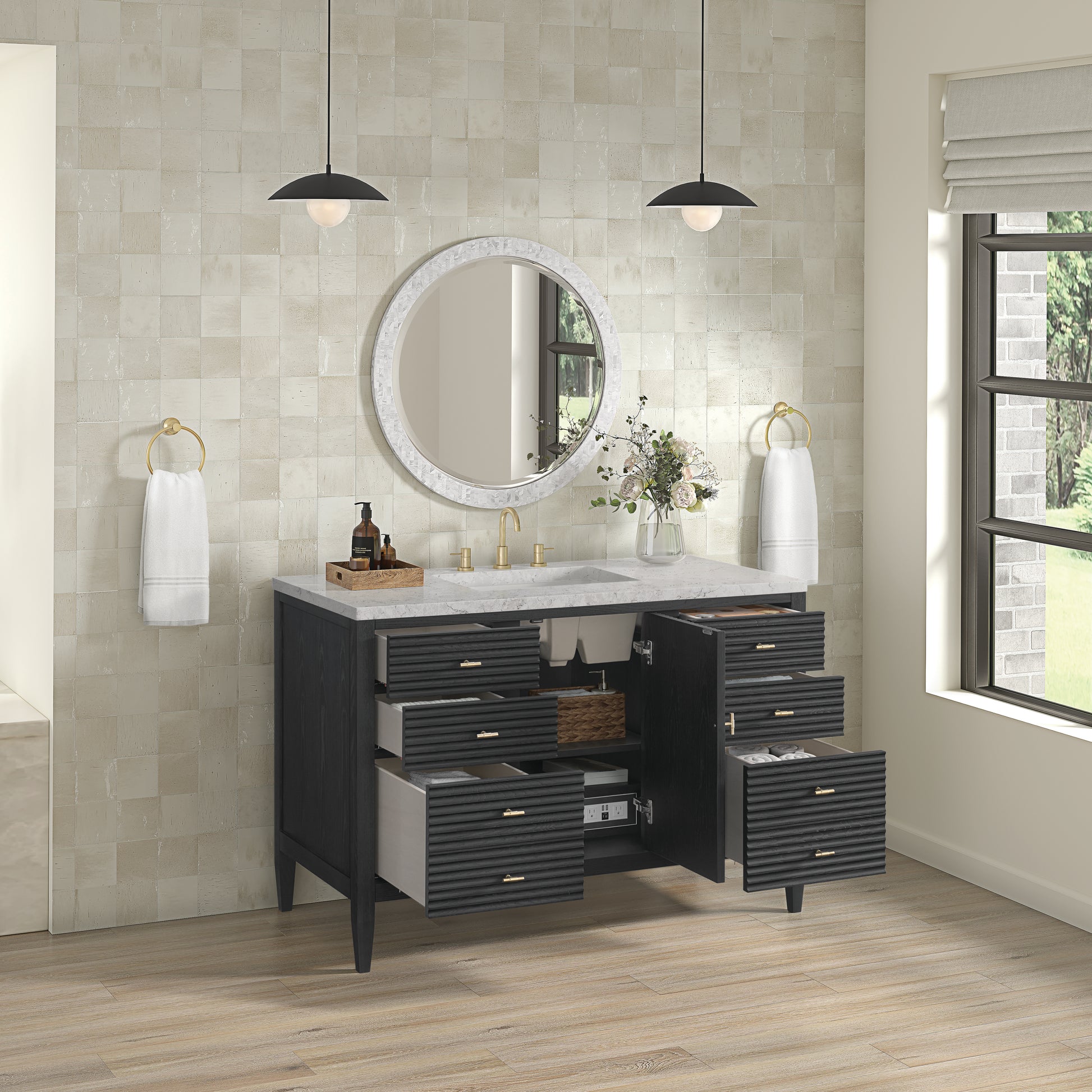 Renovate for Less Atlanta Myrrin 48" Single Vanity, Carbon Oak w/ 3 CM Eternal Jasmine Pearl Silestone Top