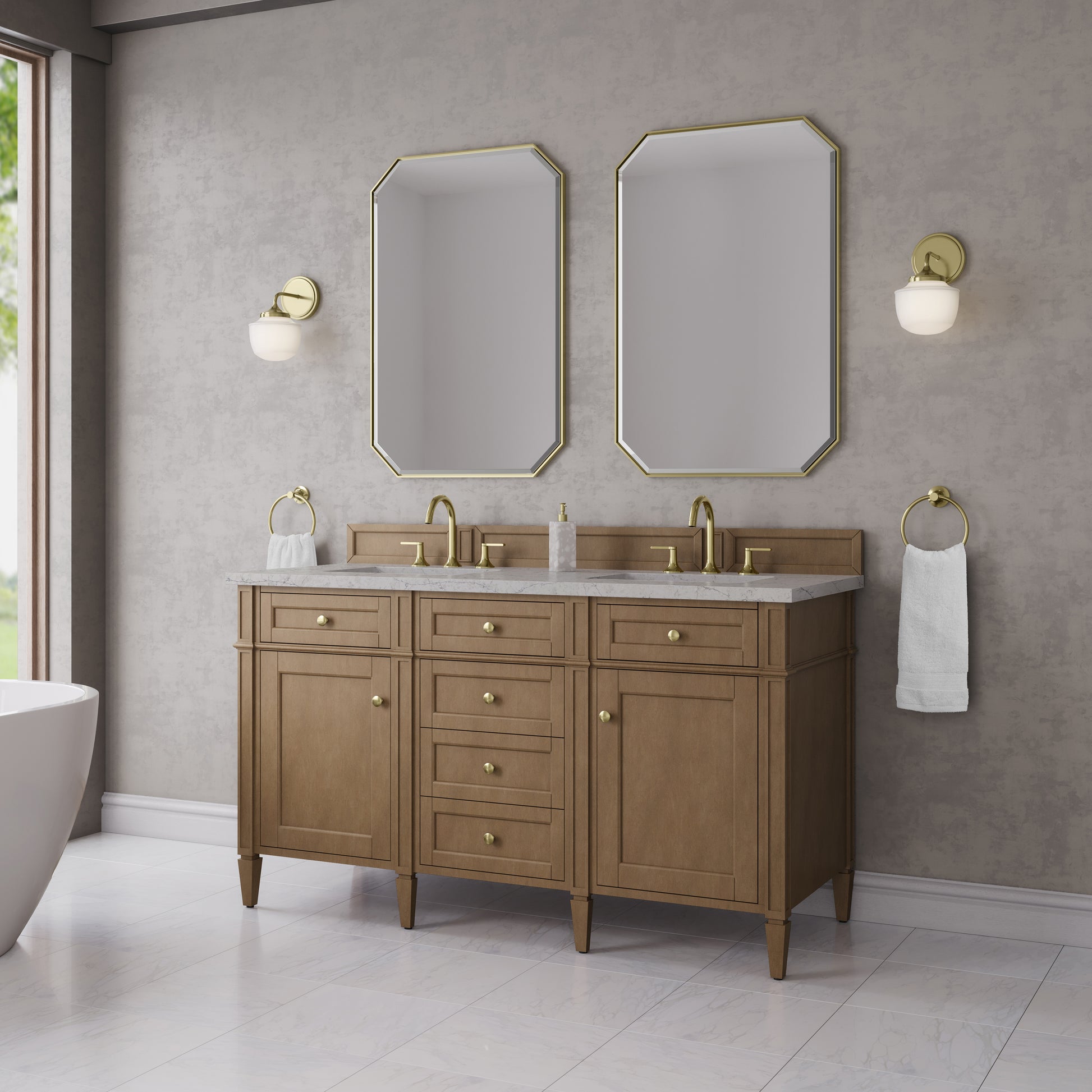 Renovate for Less Atlanta Brittany 60" Double Vanity, Pecan w/ 3 CM Eternal Jasmine Pearl Silestone Top